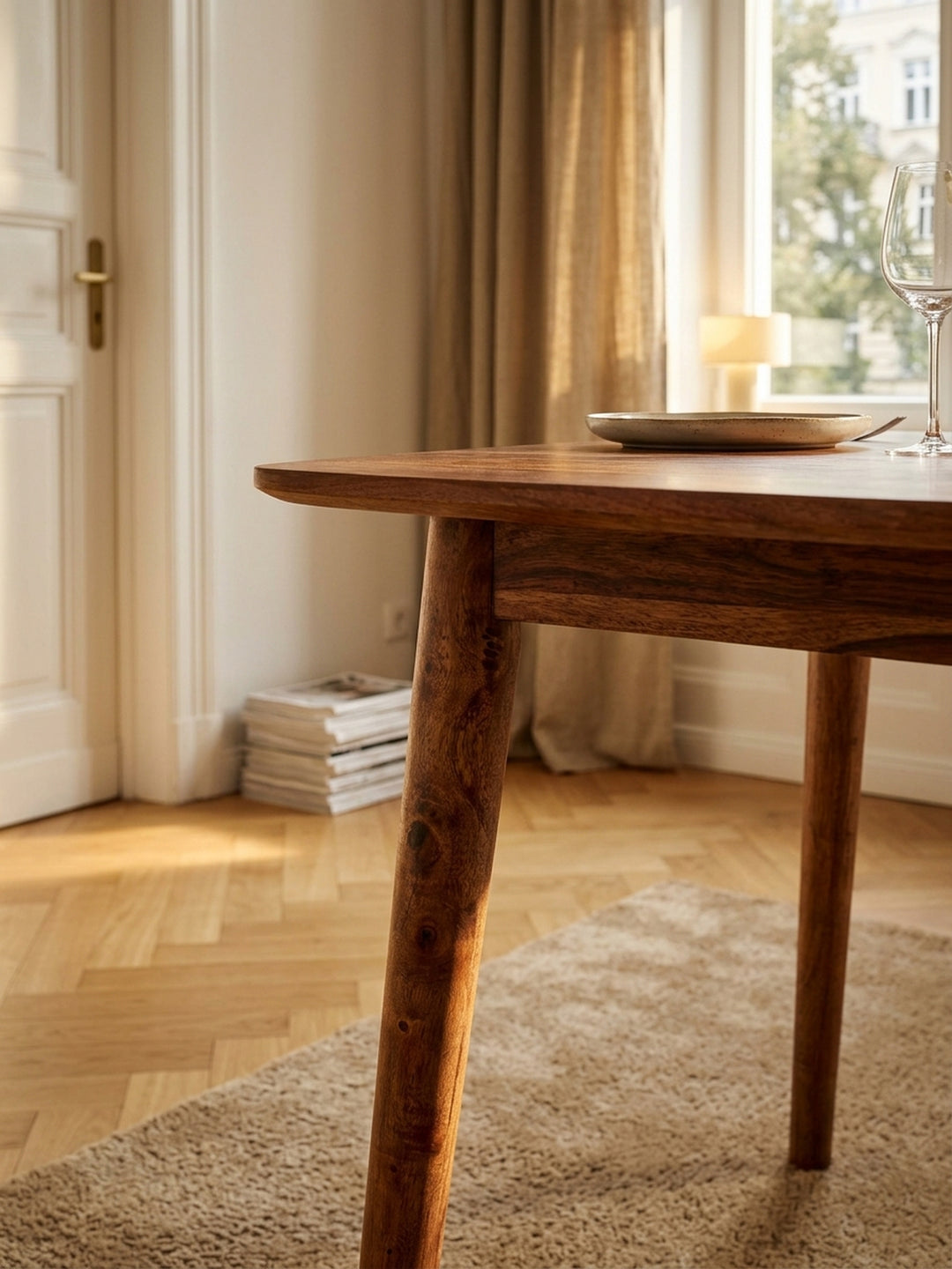 Detailaufnahme der Tischplatte aus massivem Sheeshamholz, markante natürliche Maserung und feine Oberflächenstruktur des lackierten Holztisches im Esszimmer._
