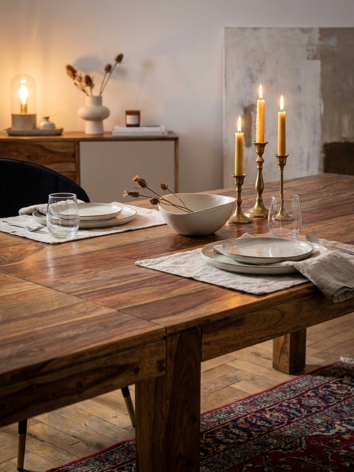 Gedeckter Speisetisch aus Sheeshamholz mit Leinenservietten, schwarzen Keramiktellern und einem Messingkerzenständer für ein gemütliches Abendessen._