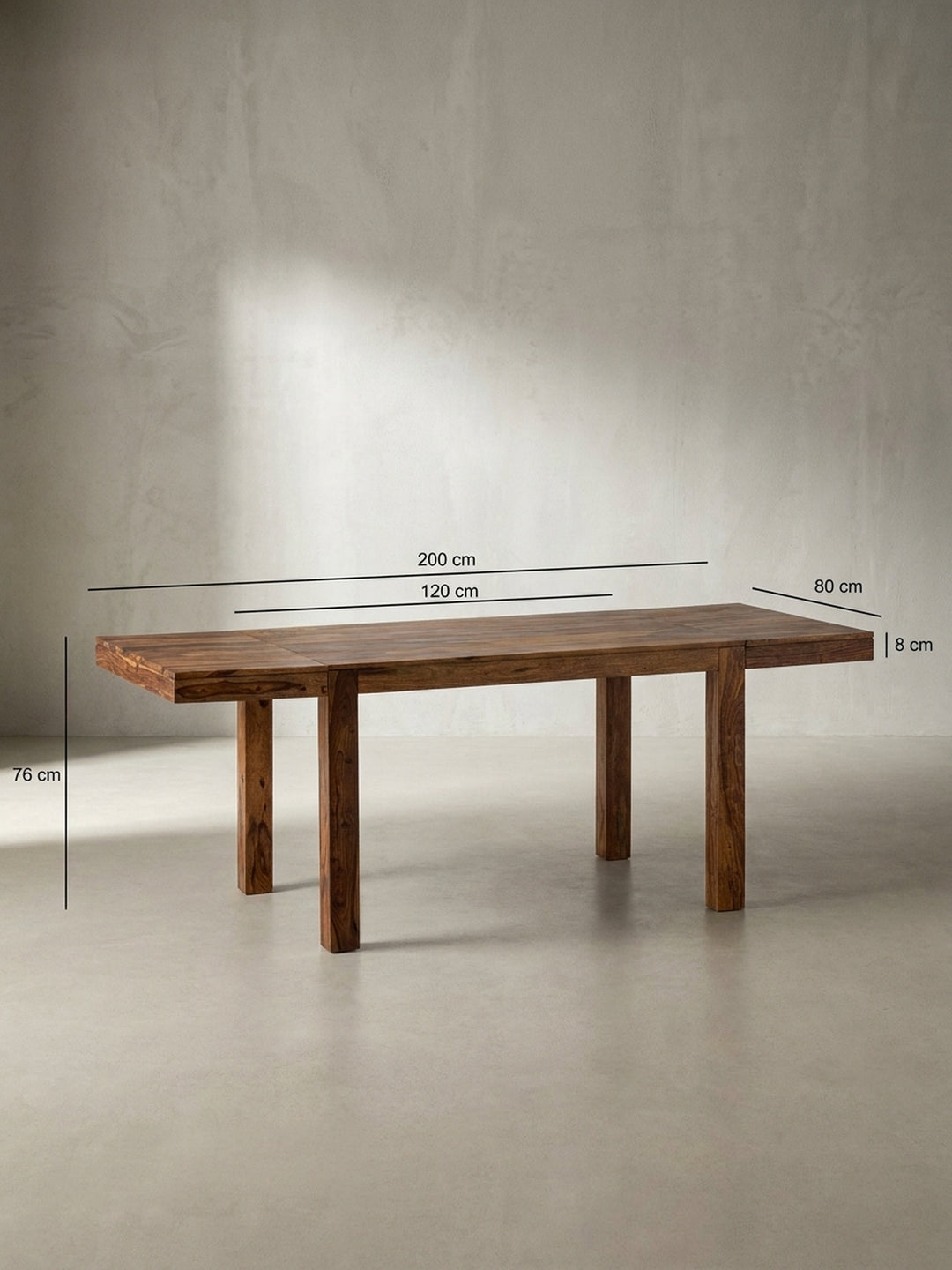Technisches Maßbild des Esstisches mit allen Abmessungen: Länge 120-200 cm, Breite 80 cm und Höhe 76 cm für die perfekte Raumplanung._