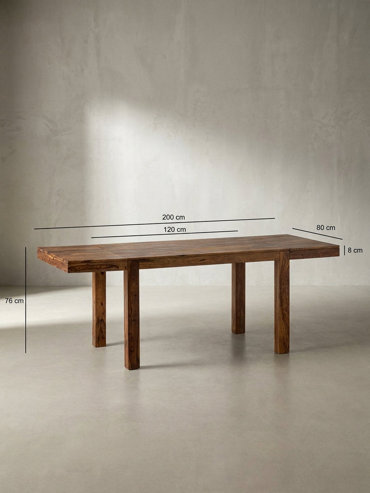 Technisches Maßbild des Esstisches mit allen Abmessungen: Länge 120-200 cm, Breite 80 cm und Höhe 76 cm für die perfekte Raumplanung._