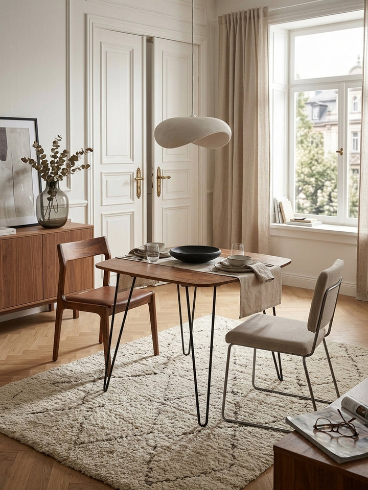 Draufsicht auf den quadratischen Massivholztisch im modernen Essbereich. Die 80x80cm große Tischplatte aus braunem Sheeshamholz bietet idealen Platz für gemütliche Dinner-Abende._