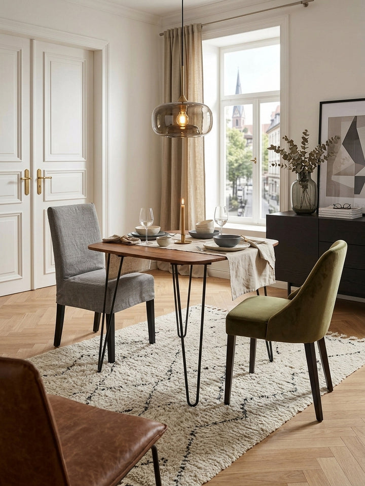 Massiver Esstisch 80x80 aus edlem Sheesham-Holz in einem eleganten Esszimmer. Die warme Maserung der Echtholzplatte harmoniert perfekt mit dem hellen Teppich und stilvollem Dekor._