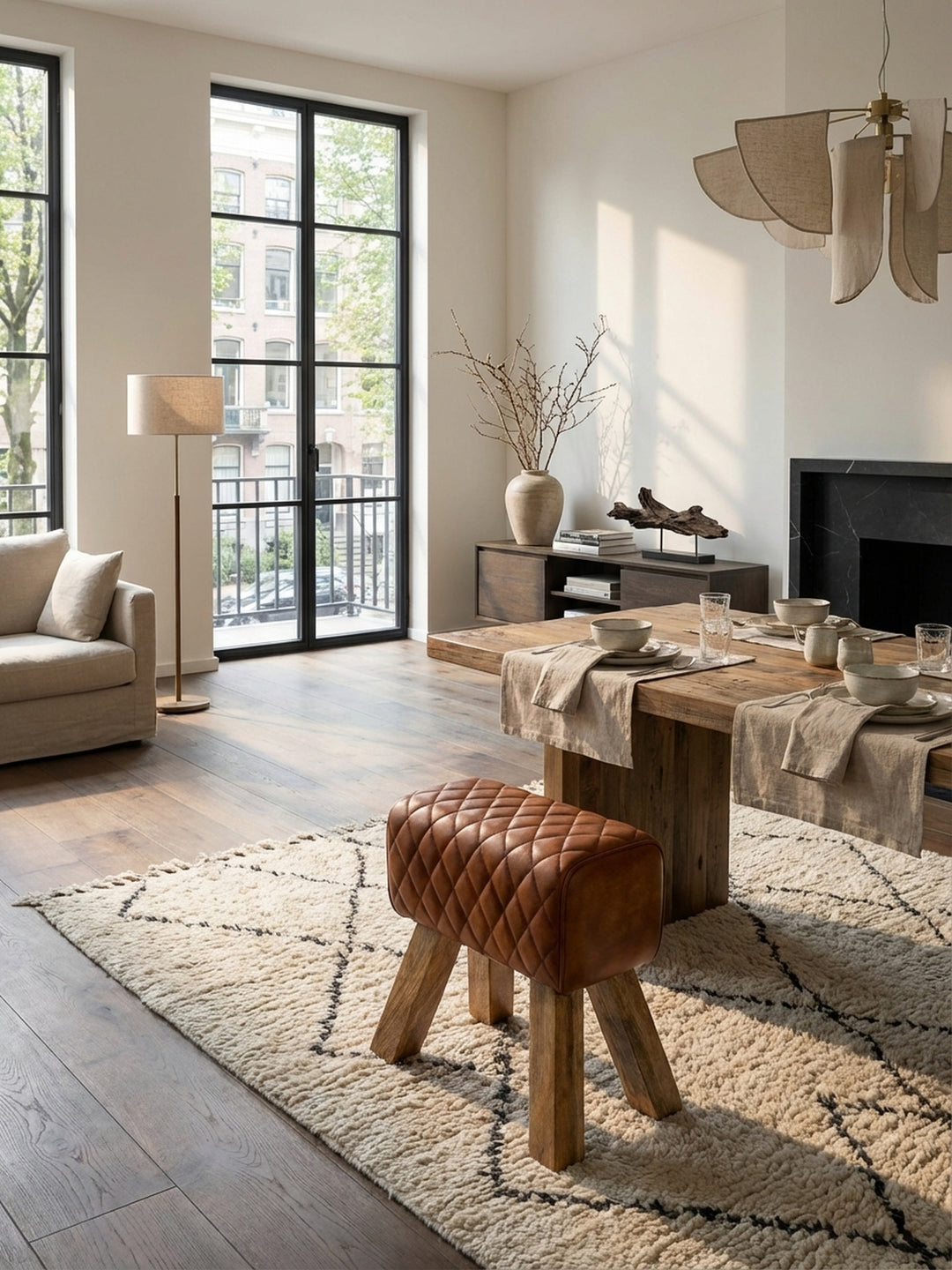 Eleganter Sitzhocker aus braunem Echtleder und Massivholz als stilvoller Akzent in einem modernen Wohnzimmer mit hellem Teppich und Holzboden._