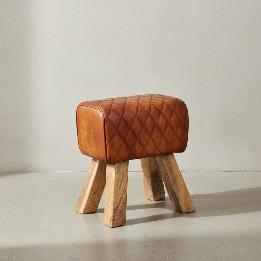 Exklusiver Sitzhocker aus Echtleder mit Rautenmuster_ Stilvolles und strapazierfähiges Möbelstück - KADIMA DESIGN_Größe_ 40x27x48 cm_