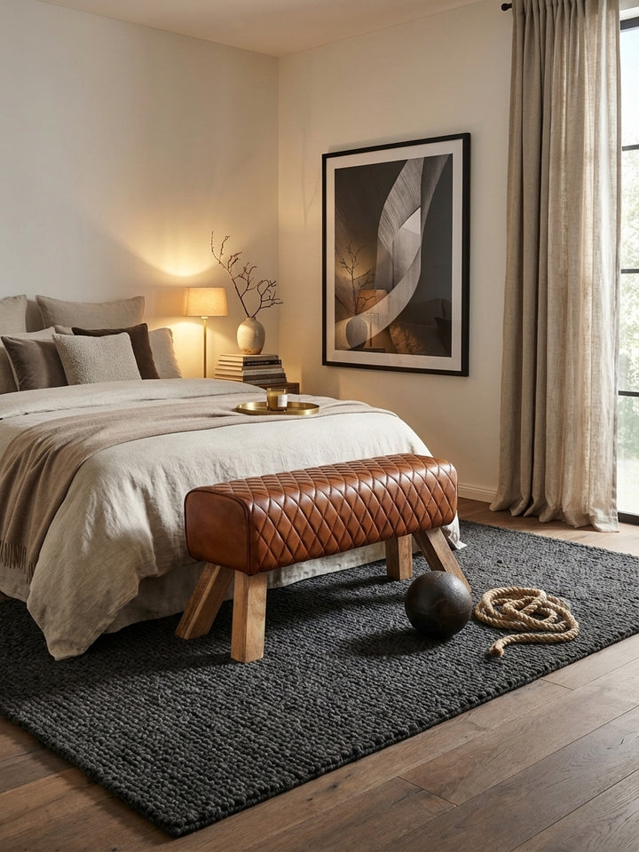Elegante Sitzbank aus cognacbraunem Echtleder mit Holzbeinen in einem modernen Loft-Wohnzimmer, platziert auf einem dunklen Teppich vor einer hellen Wand._