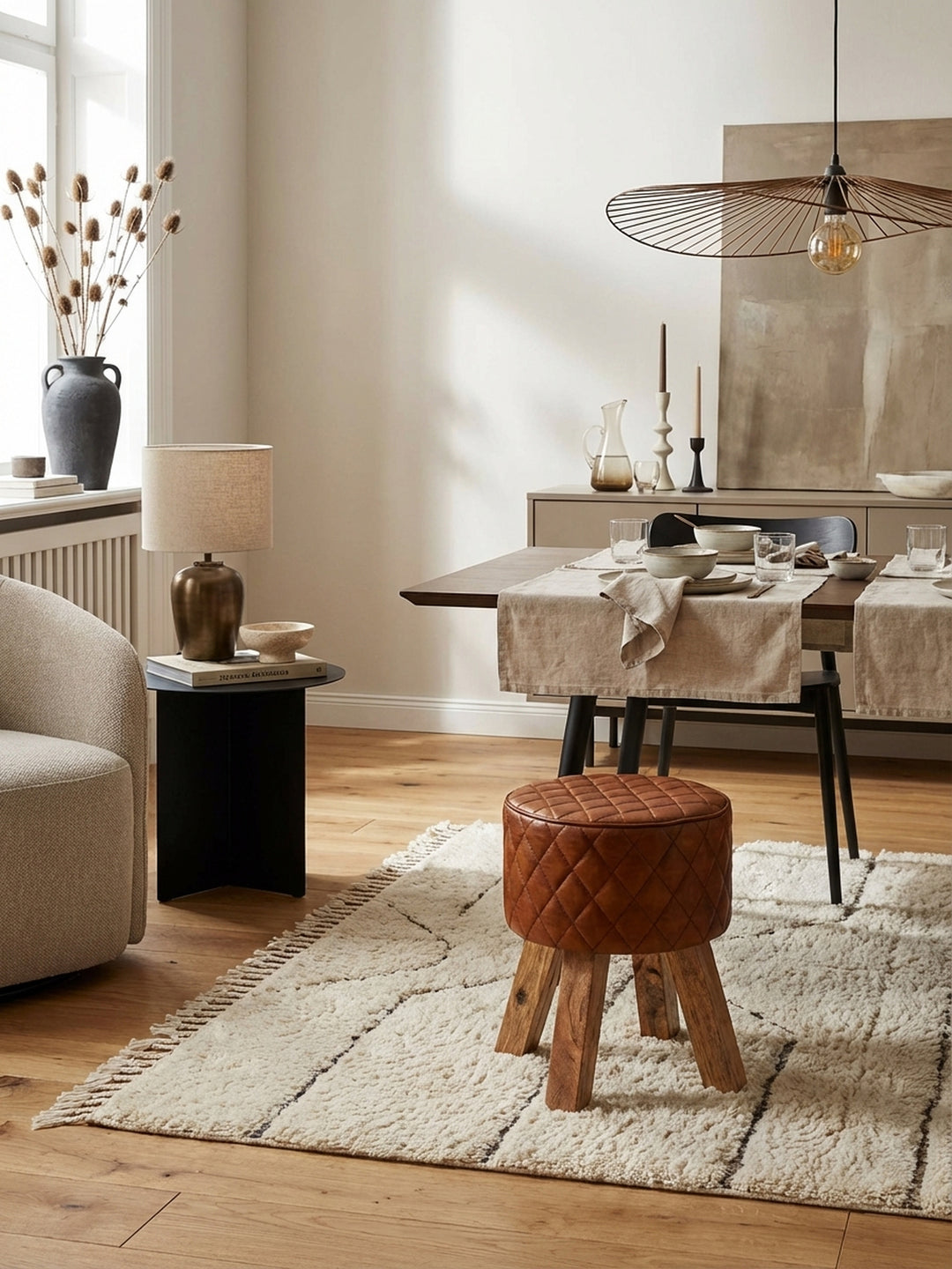 Eleganter Sitzhocker aus braunem Echtleder und Mango-Holz in einem hellen Wohnzimmer, ideal als bequeme Sitzgelegenheit neben einem Sofa auf einem weichen Teppich._