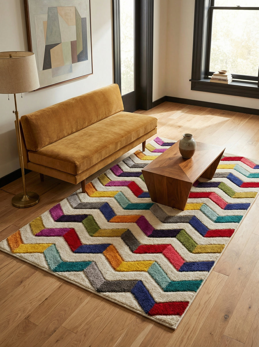 Farbintensiver Teppich mit geometrischem Präzisionsschnitt_Multi_Rechteckig_
