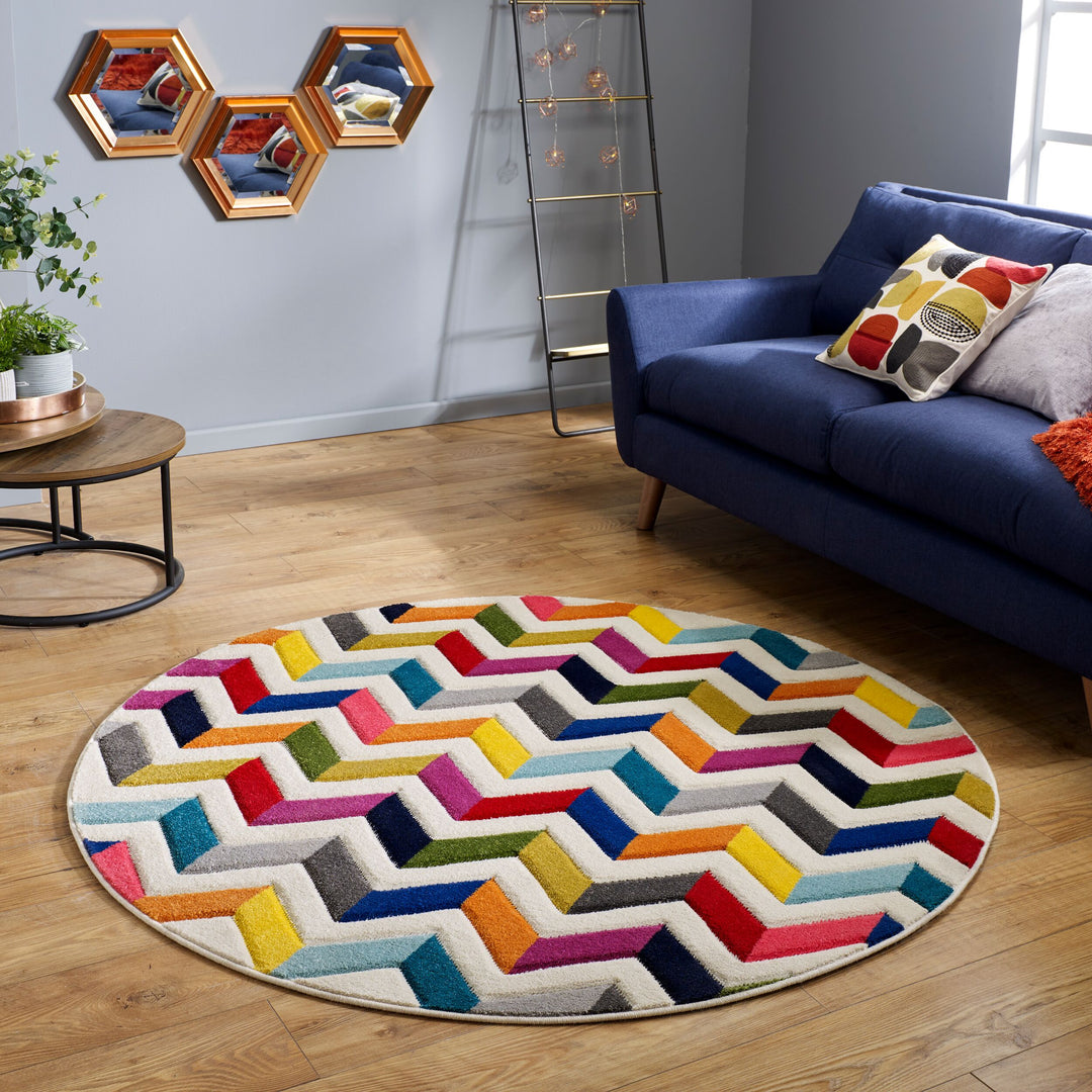 Farbintensiver Teppich mit geometrischem Präzisionsschnitt_Multi_Rund_