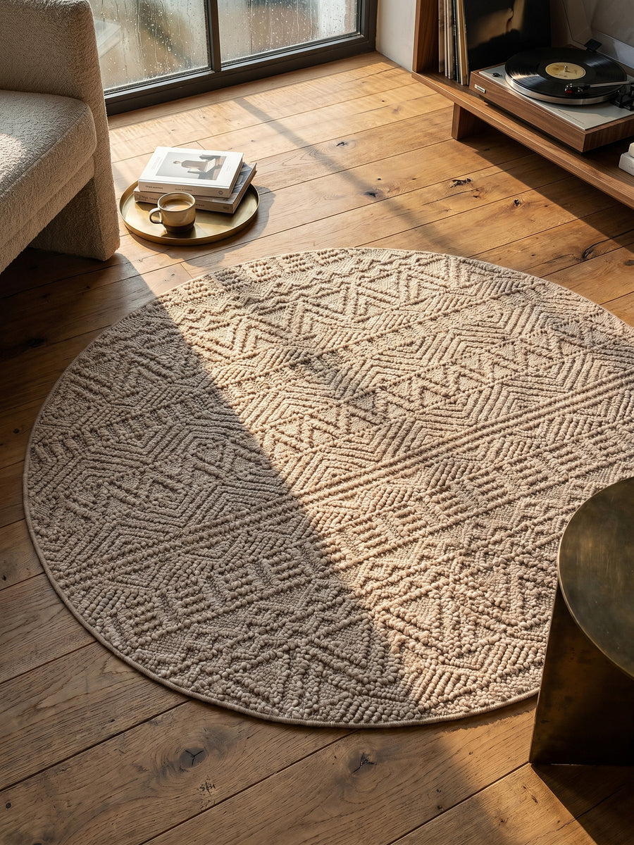 Teppich Beige rund Muster Draufsicht_