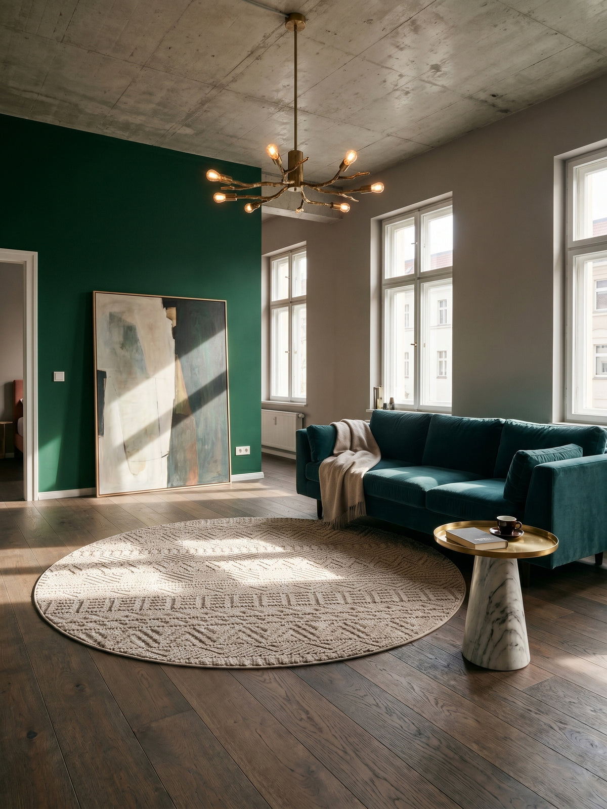 Teppich Beige rund im Wohnzimmer Einrichtungsidee