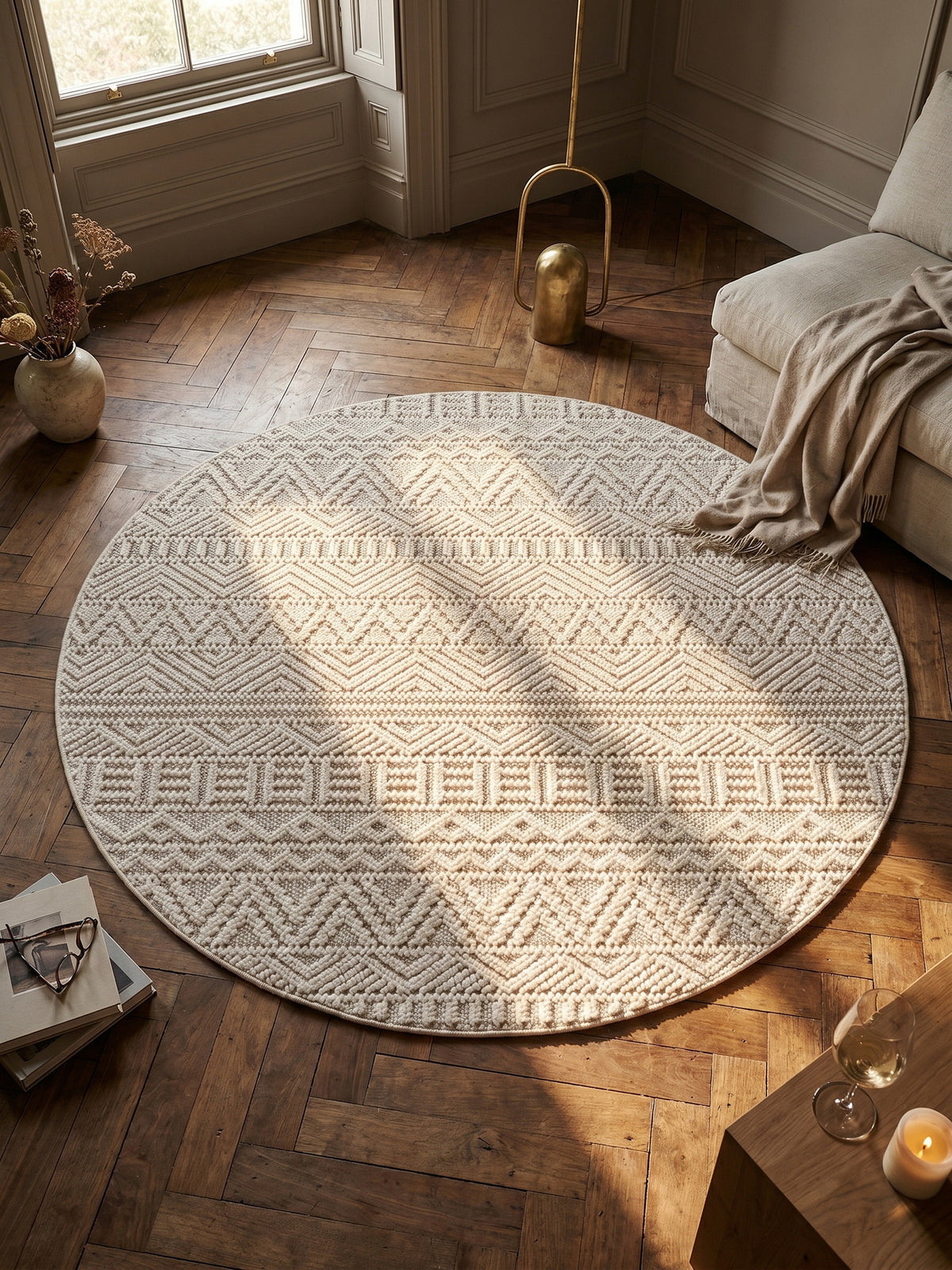 Teppich Creme rund Muster Draufsicht