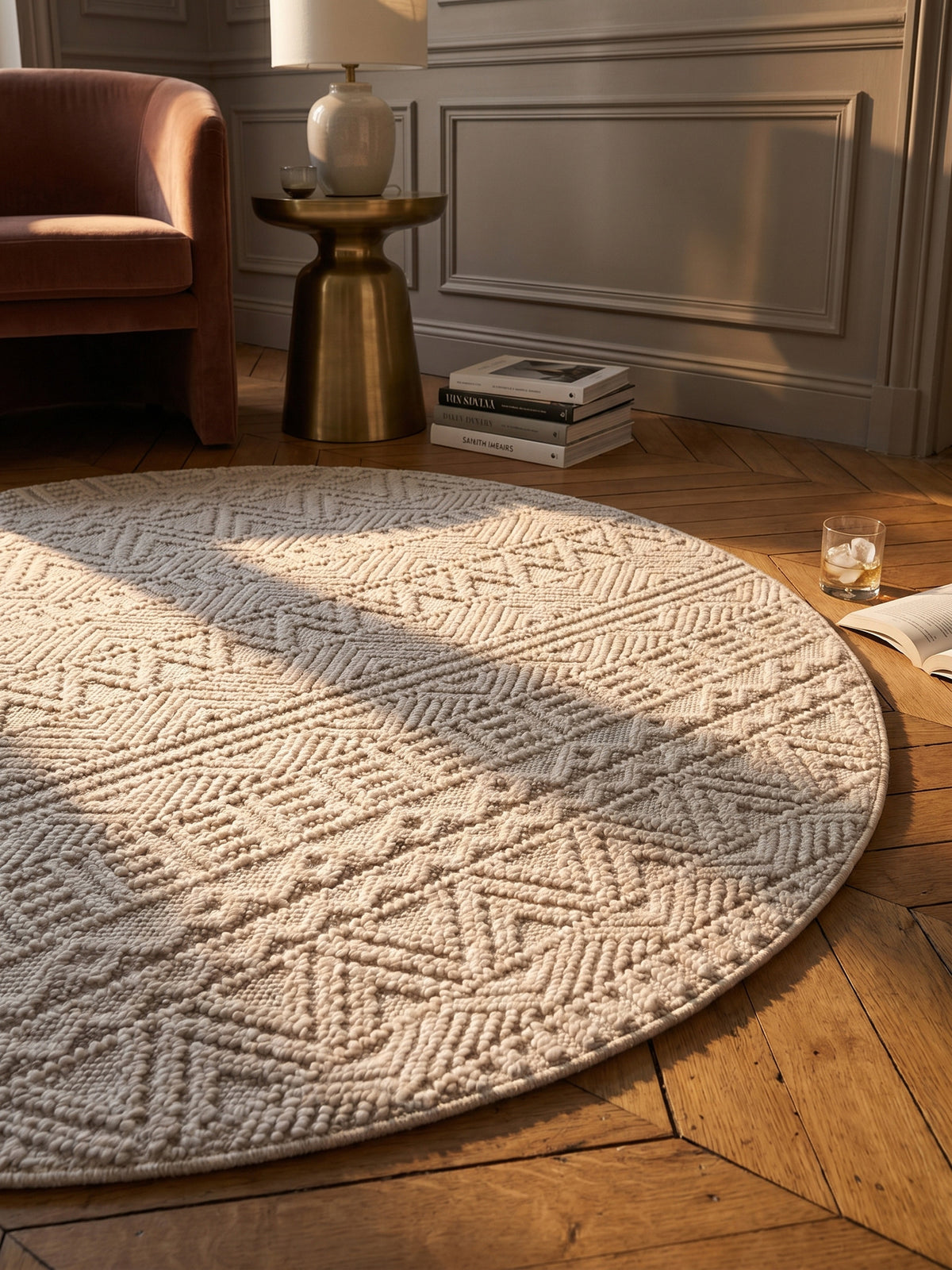 Teppich Creme rund Textur Nahaufnahme Detail