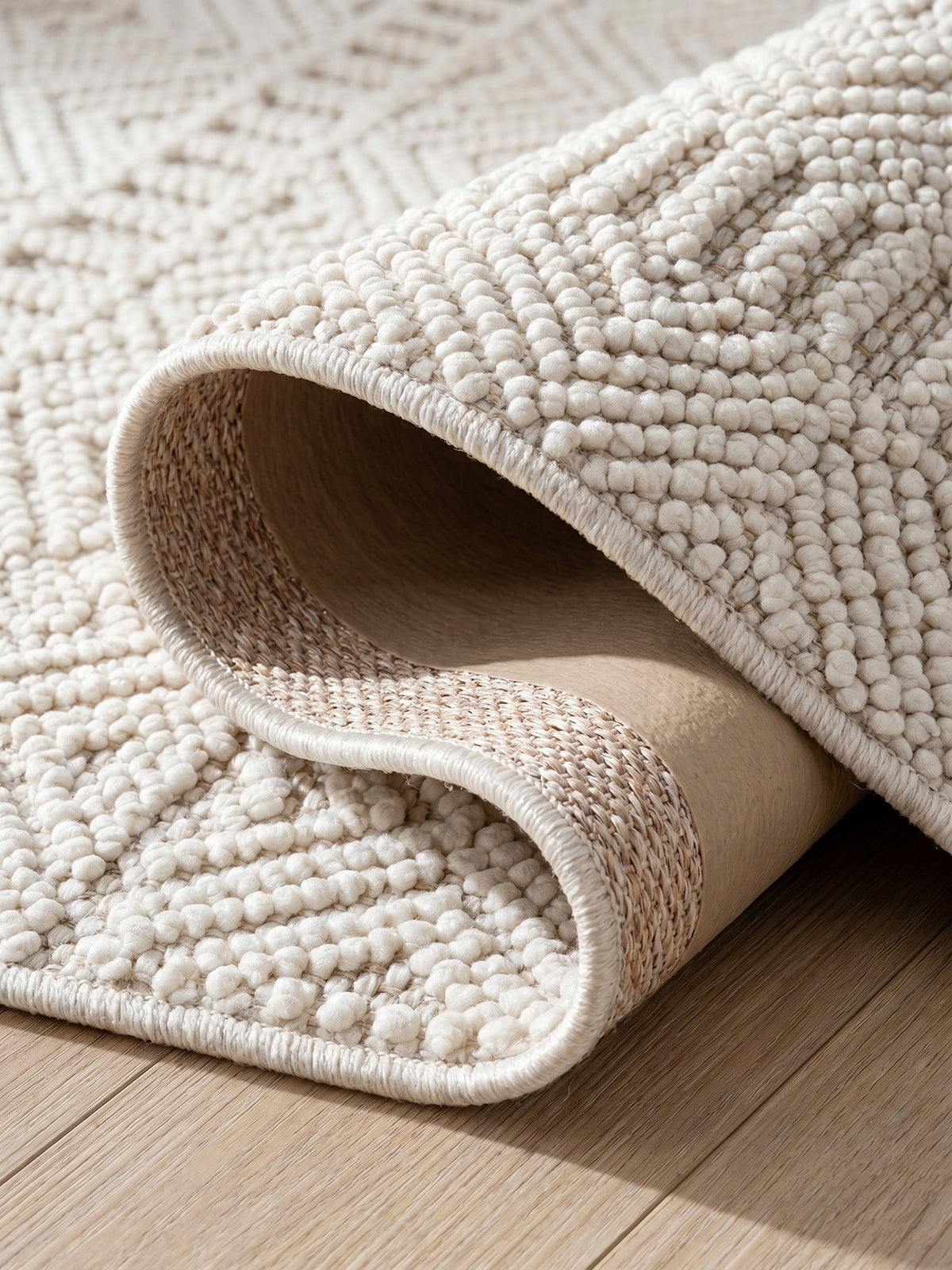 Teppich Creme rund Kante Rückseite