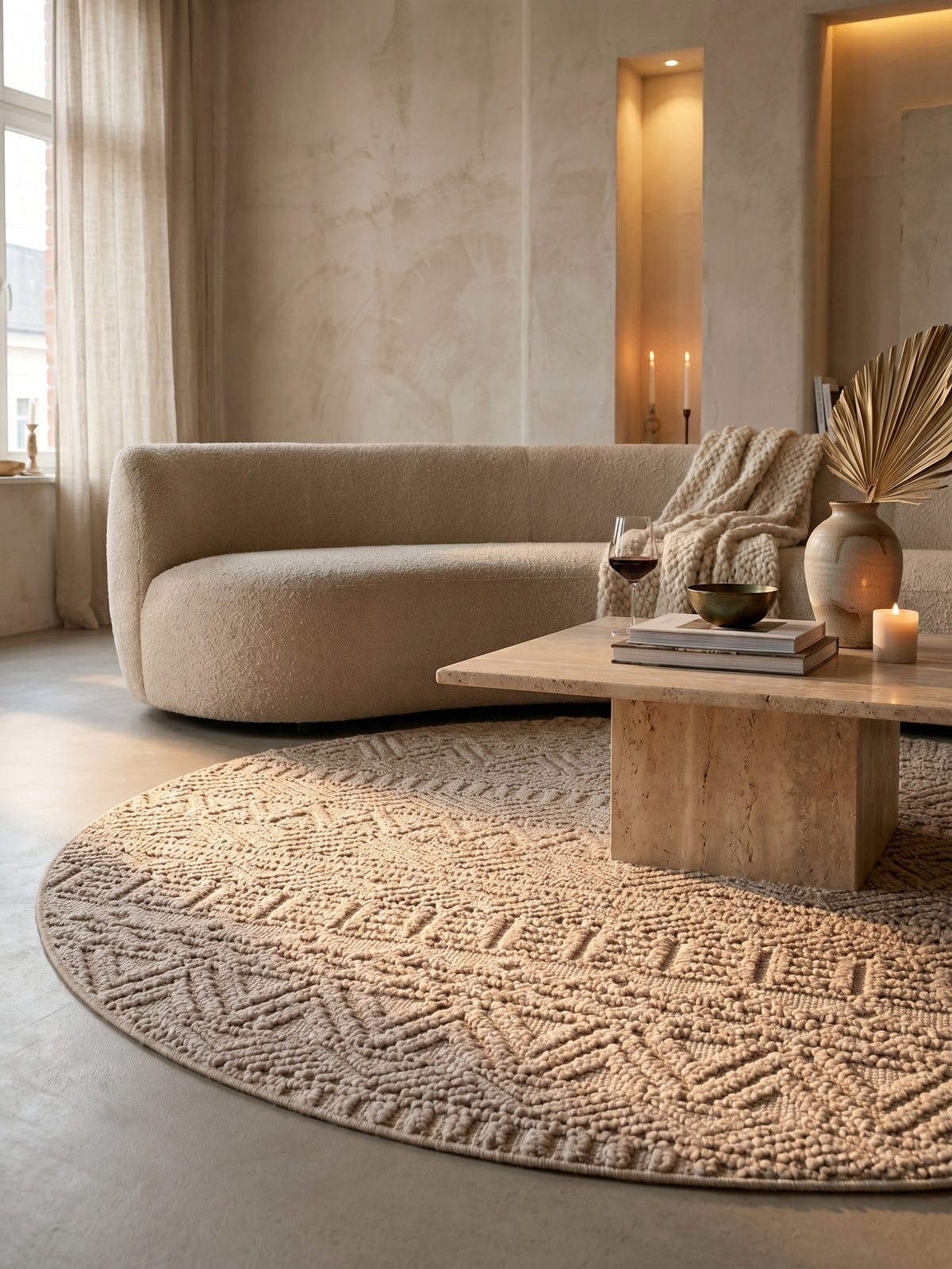 Teppich Beige rund Textur Nahaufnahme Detail