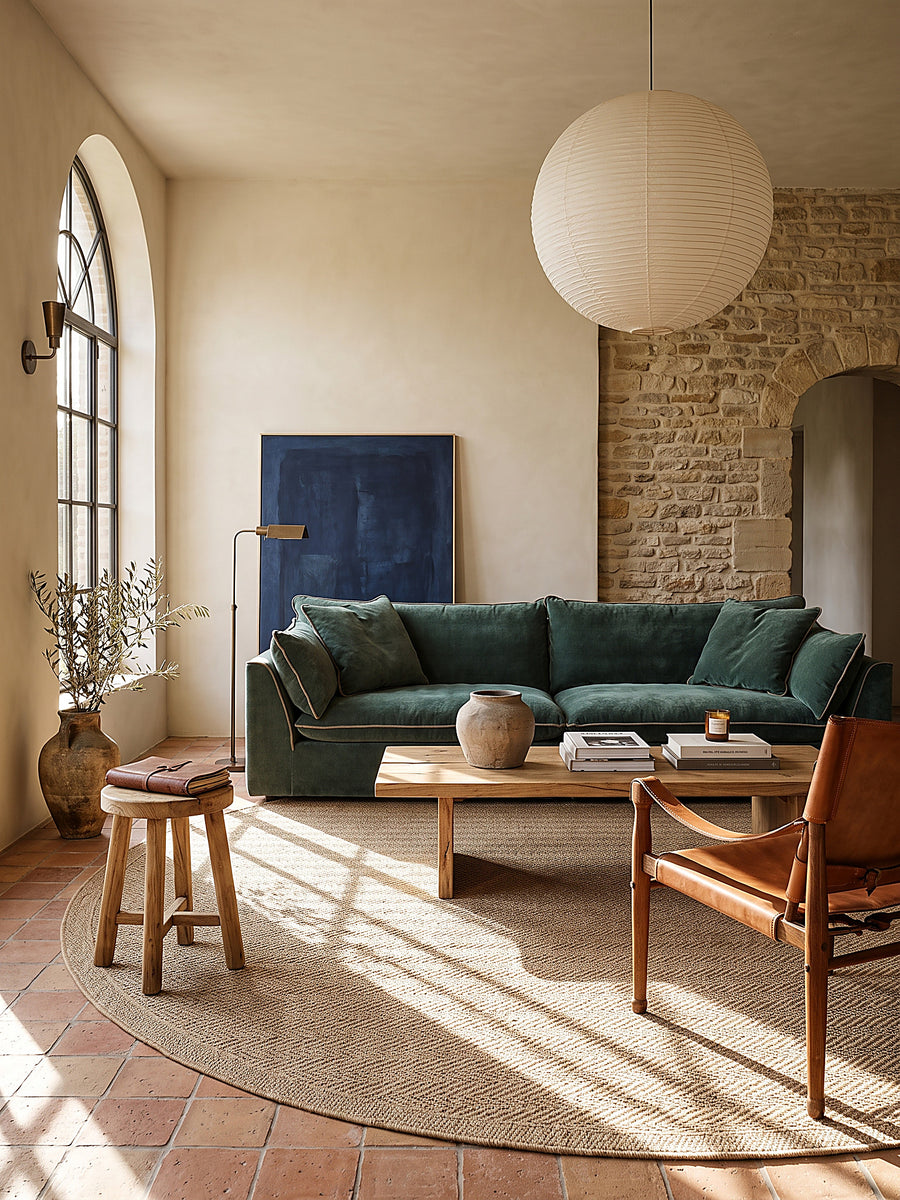 Teppich Natur rund im modernen Wohnzimmer_