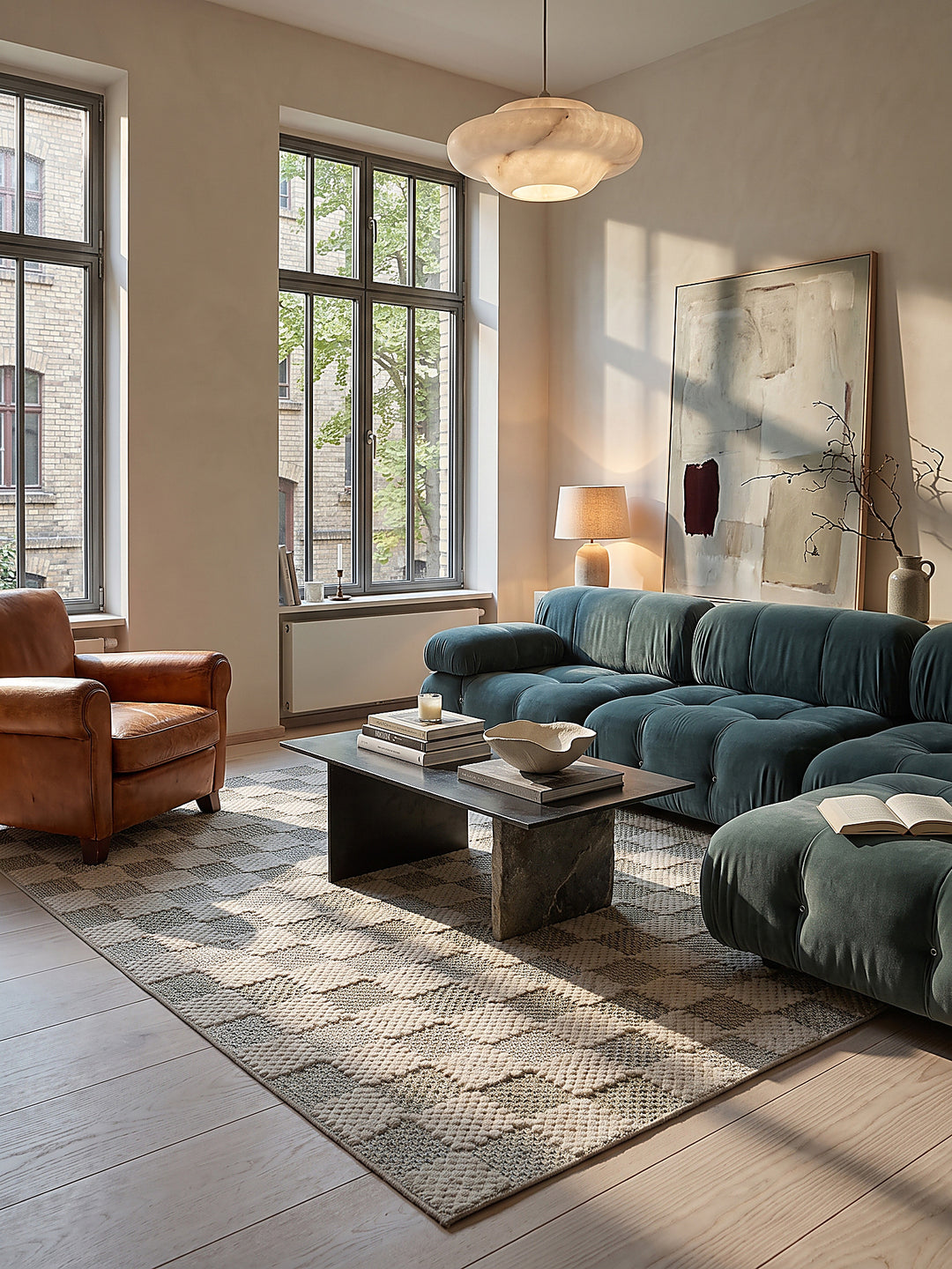 Teppich Natur-Grün rechteckig im modernen Wohnzimmer_