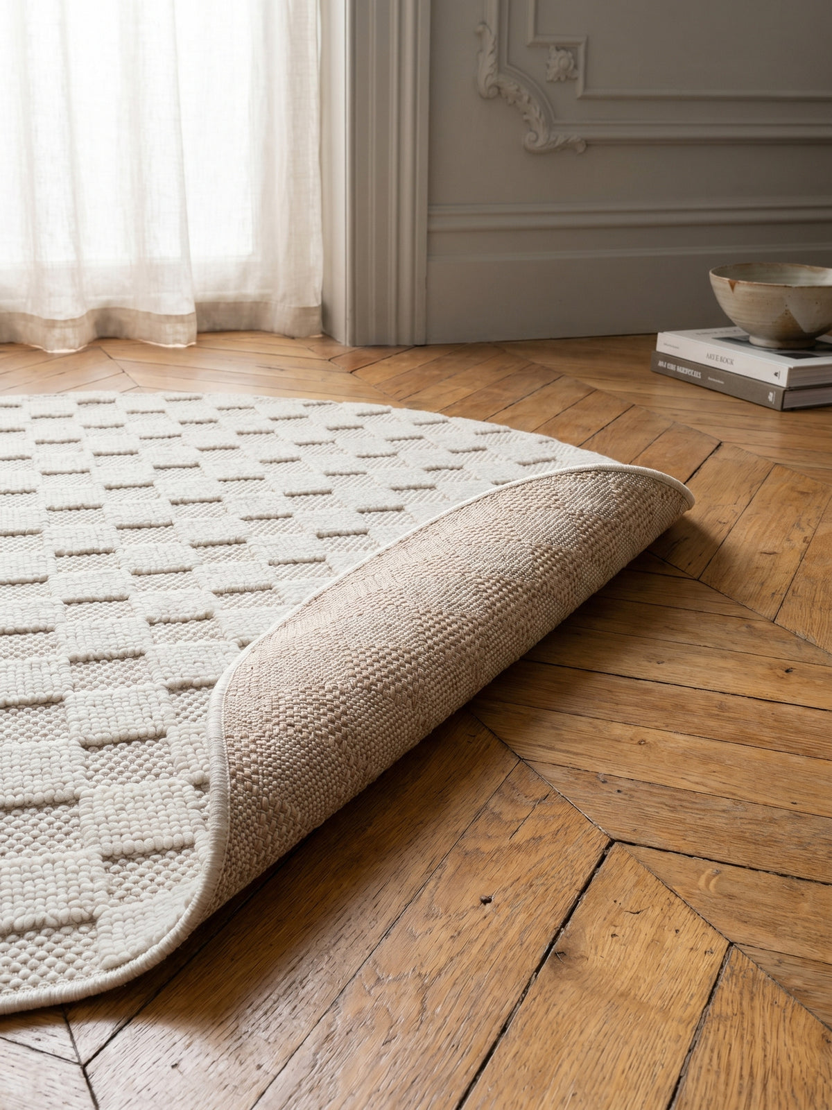 Teppich Creme rund Wohnaccessoire Deko_