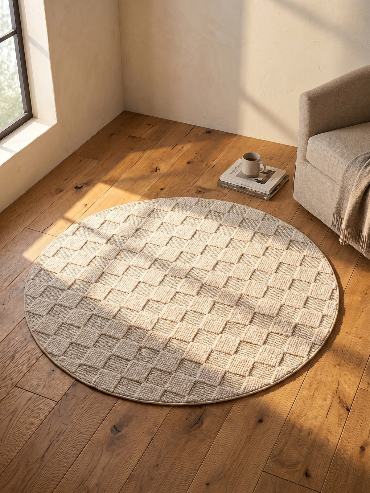 Teppich Creme rund Muster Draufsicht_