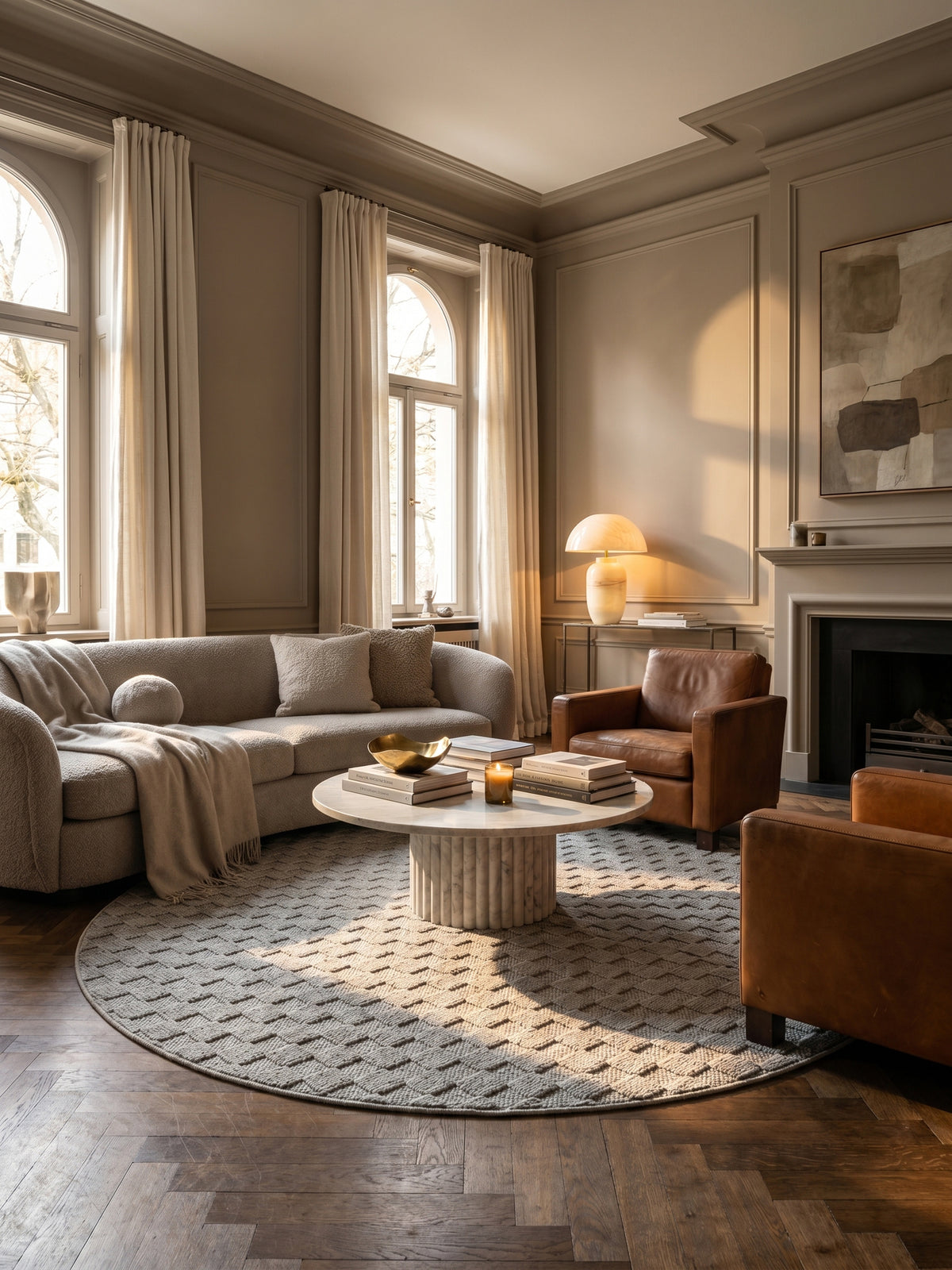 Teppich Silber rund im Wohnzimmer Einrichtungsidee_
