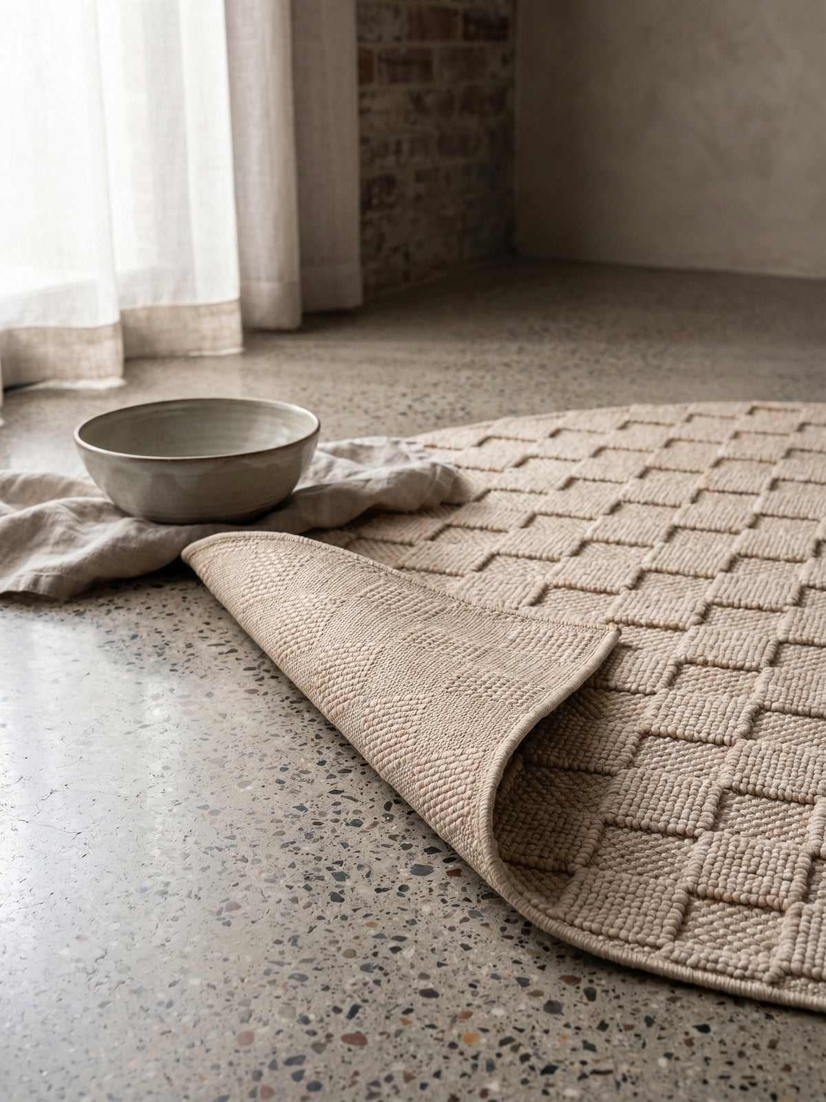 Teppich Beige rund Wohnaccessoire Deko_