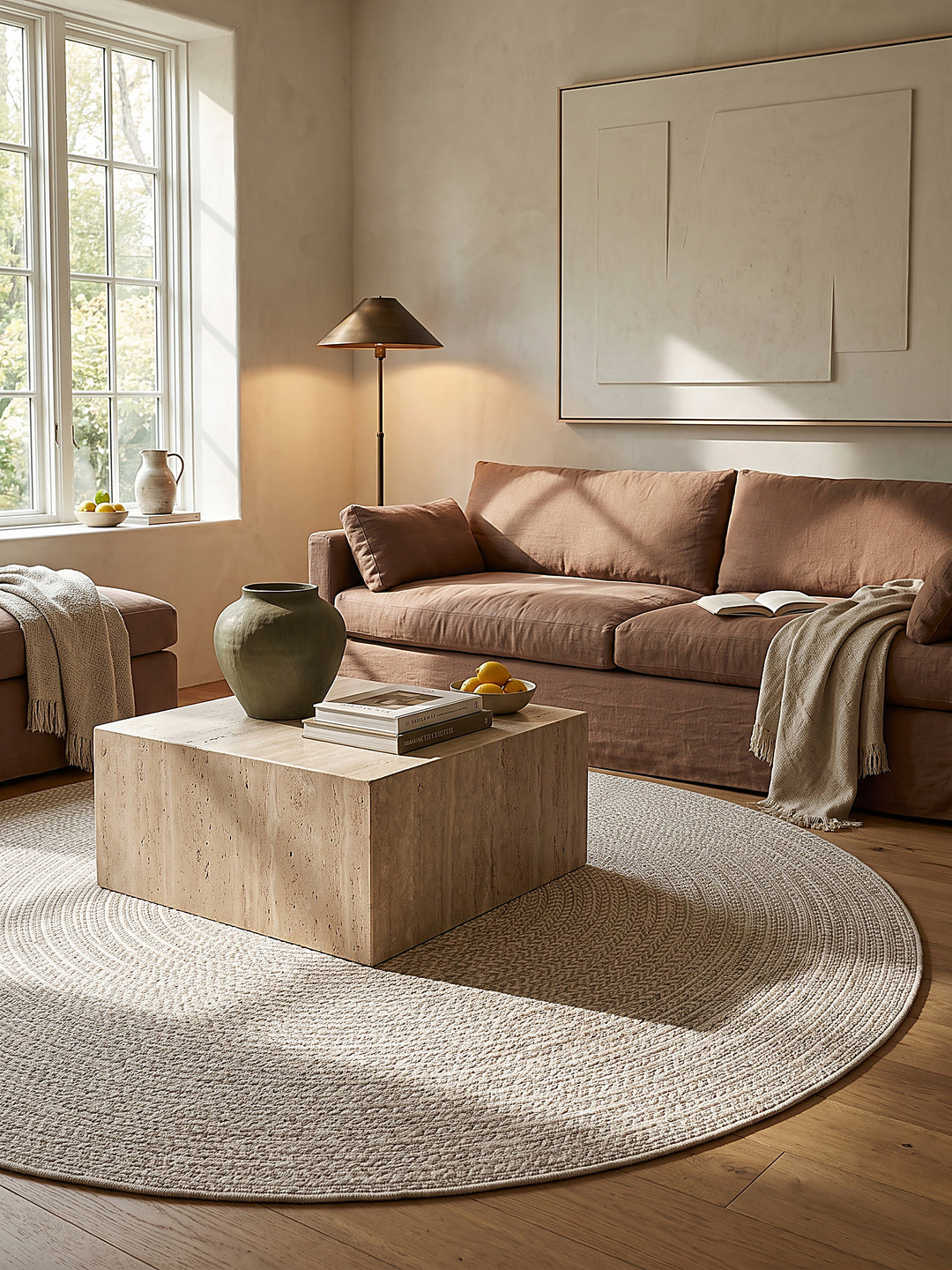 Teppich Creme rund im modernen Wohnzimmer_