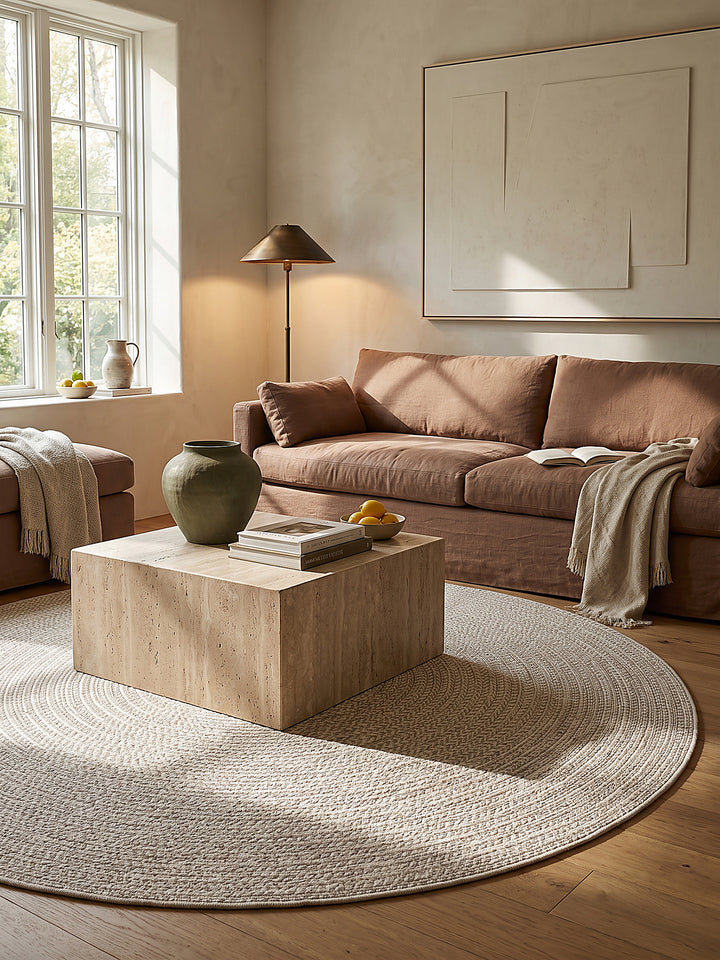 Teppich Creme rund im modernen Wohnzimmer_