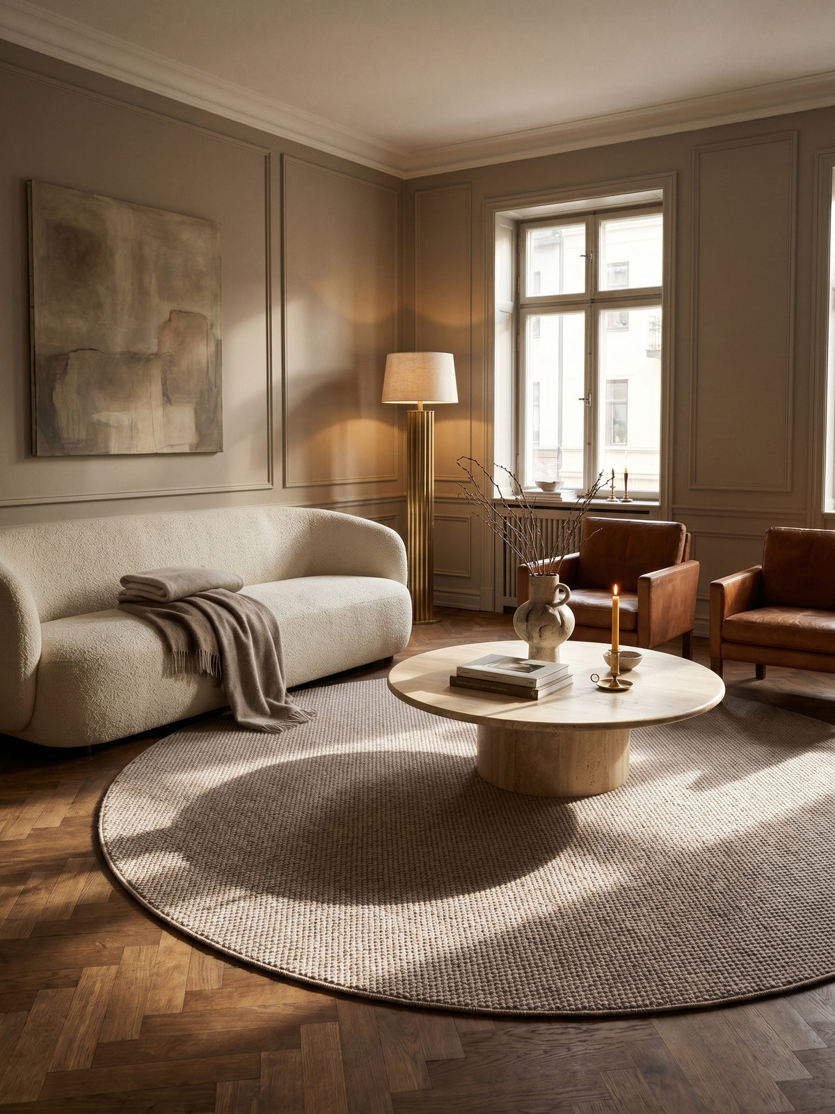 Teppich Beige rund im Wohnzimmer Einrichtungsidee_