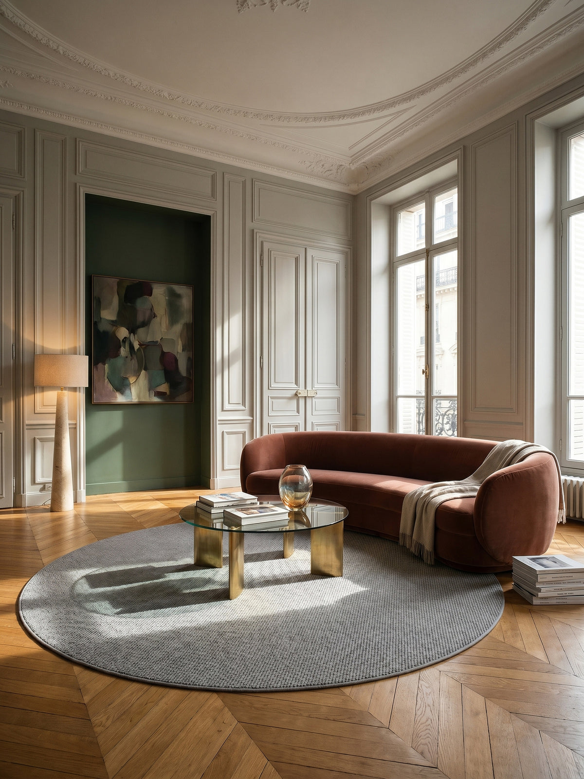 Teppich Silber rund im Wohnzimmer Einrichtungsidee_