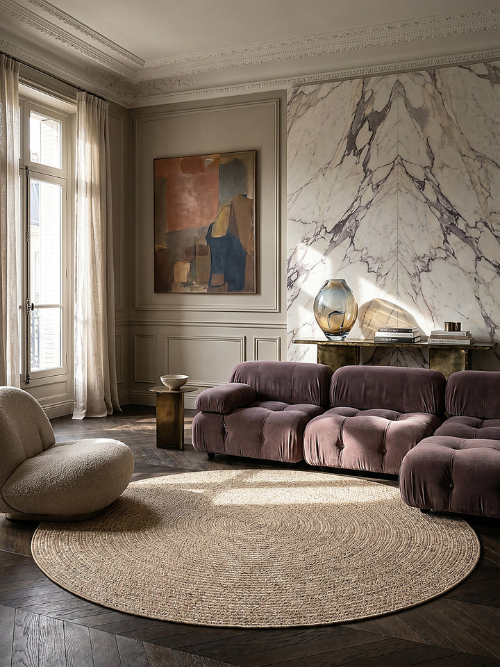 Teppich Natur rund im modernen Wohnzimmer_