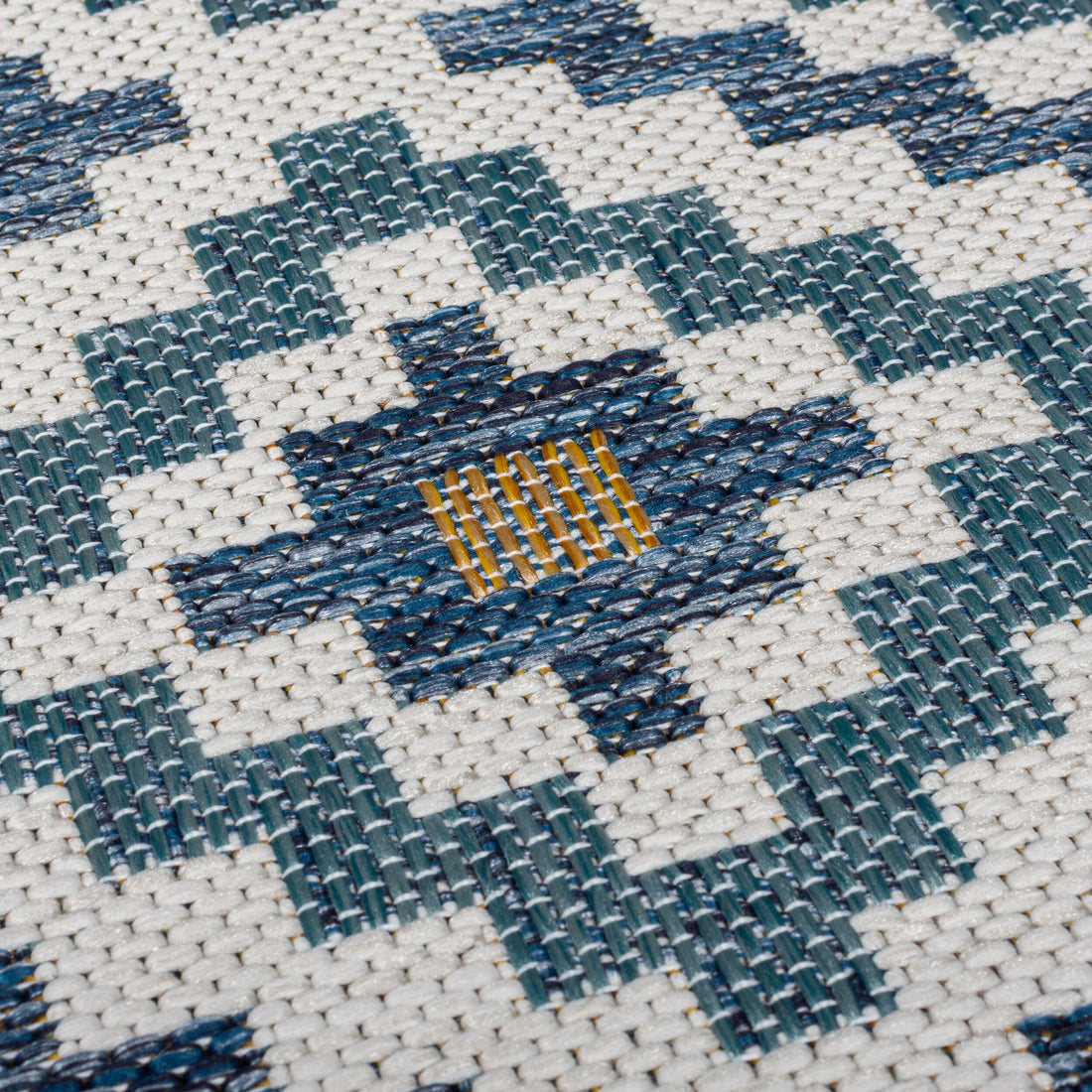 Outdoor Teppich Rauten Muster - Geometrisch - Balkon schmutzabweisend_Blau-Gelb_Läufer_