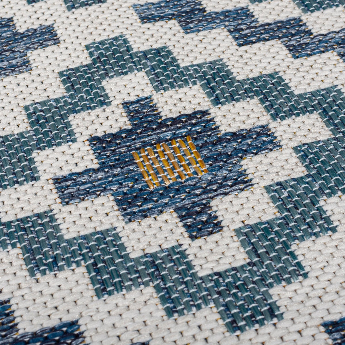Outdoor Teppich Rauten Muster - Geometrisch - Balkon schmutzabweisend Blau-Gelb Läufer