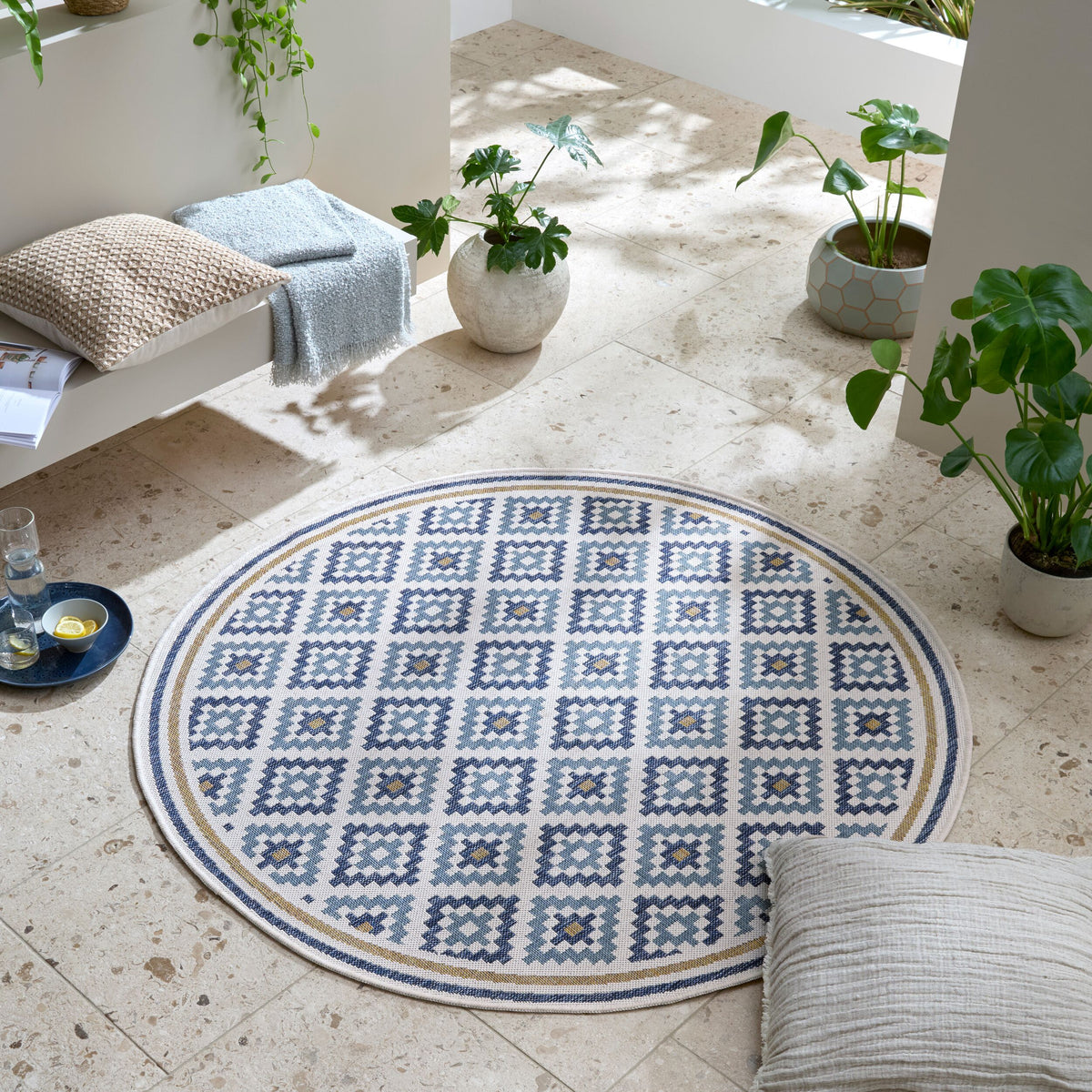Outdoor Teppich Rauten Muster - Geometrisch - Balkon schmutzabweisend Blau-Gelb Rund