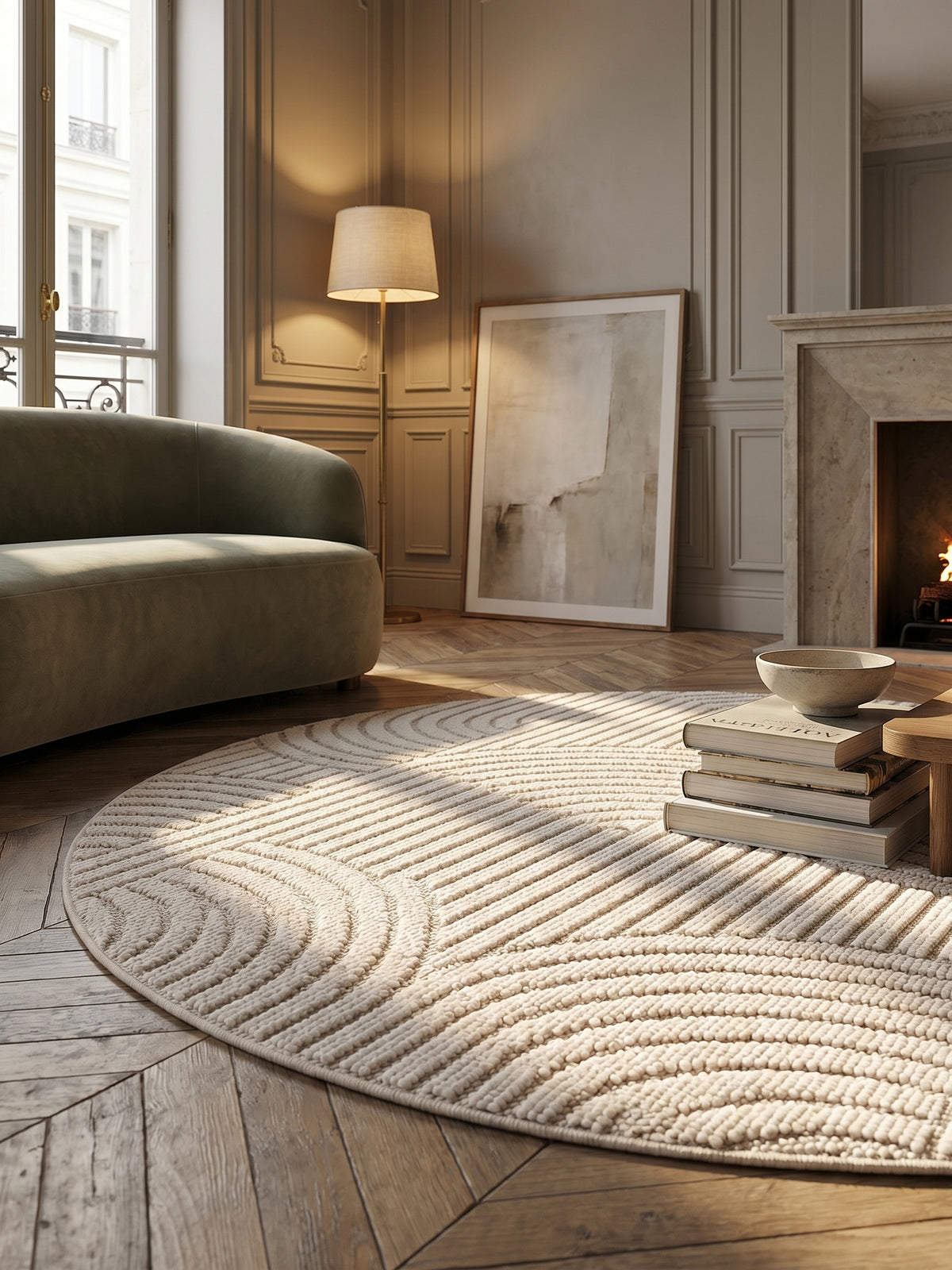 Teppich Creme rund Textur Nahaufnahme Detail_