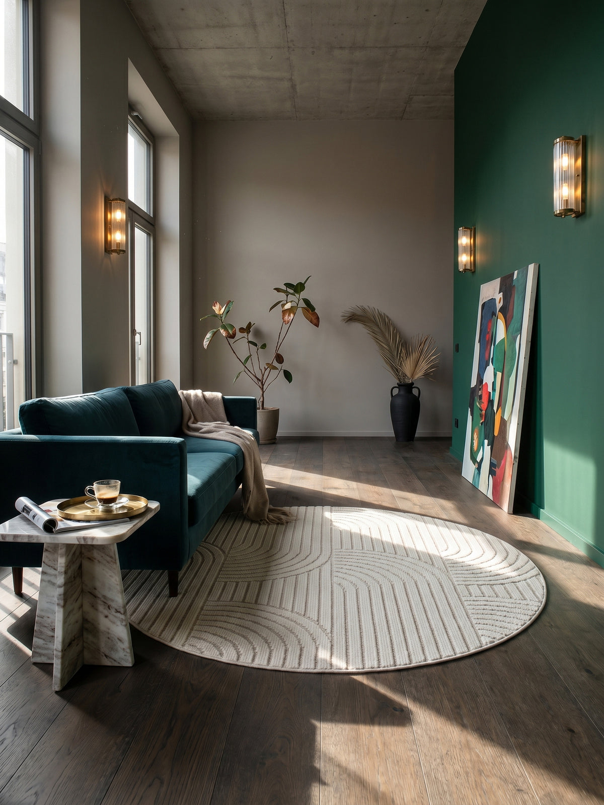 Teppich Creme rund im Wohnzimmer Einrichtungsidee_