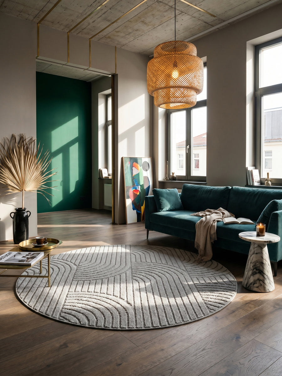 Teppich Silber rund im Wohnzimmer Einrichtungsidee_