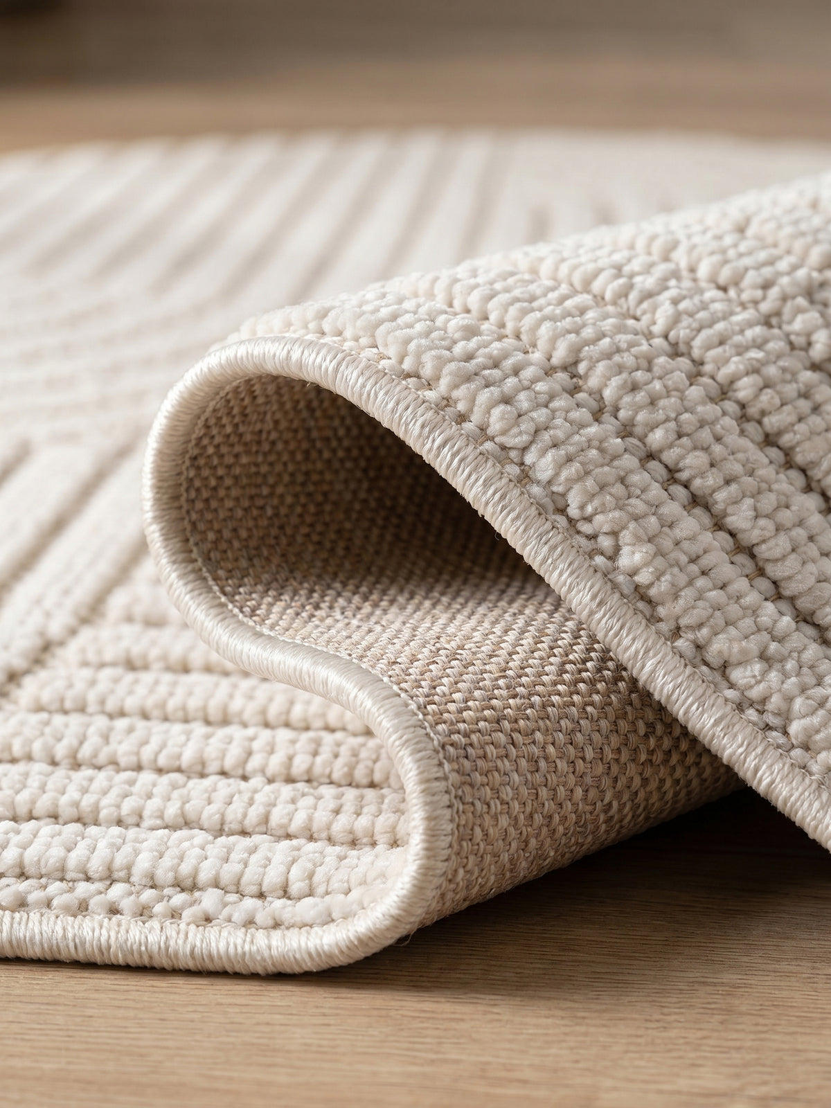 Teppich Creme rund Kante Rückseite_