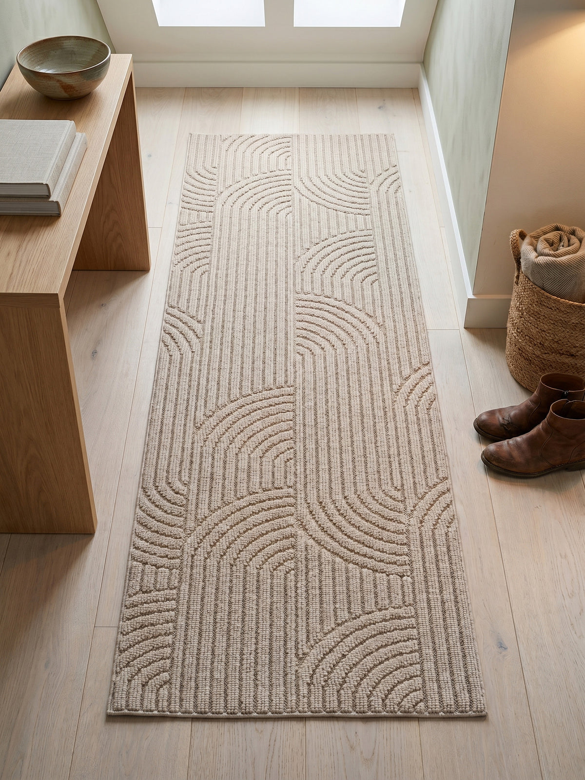 Teppich Beige Läufer Muster Draufsicht_