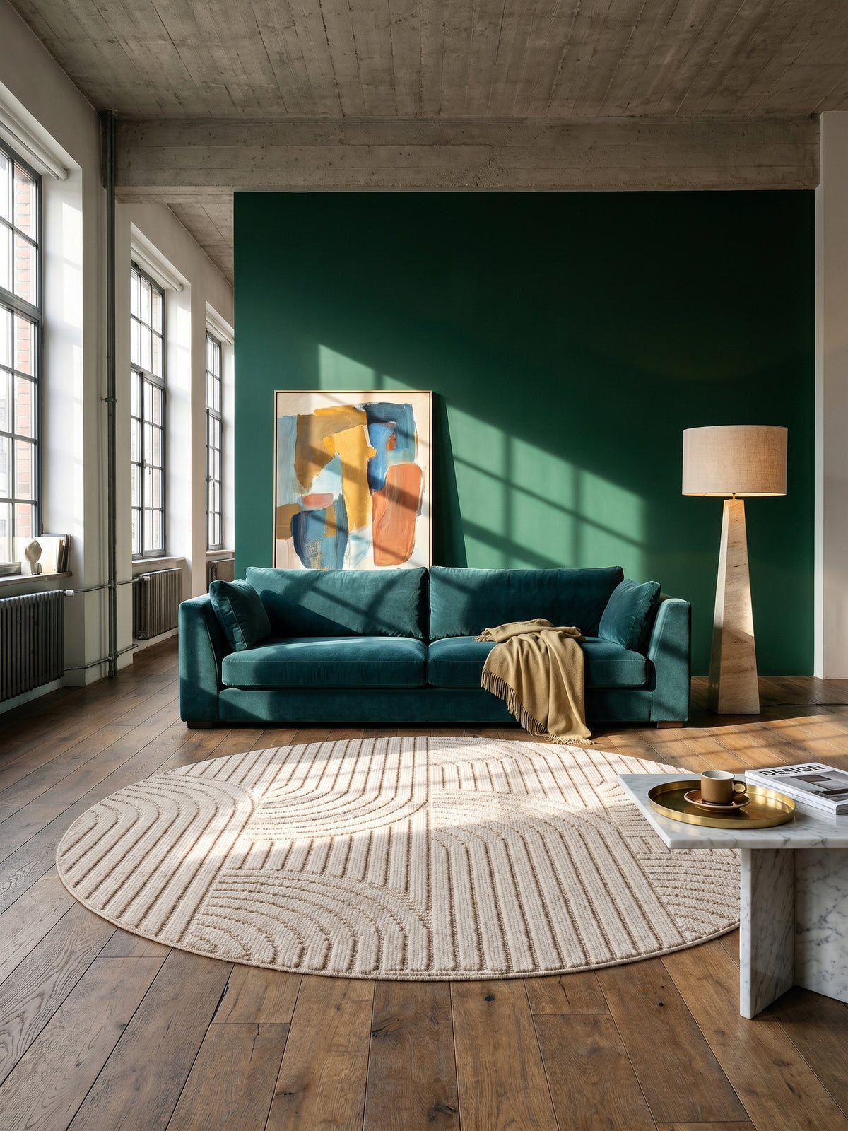 Teppich Beige rund im Wohnzimmer Einrichtungsidee_