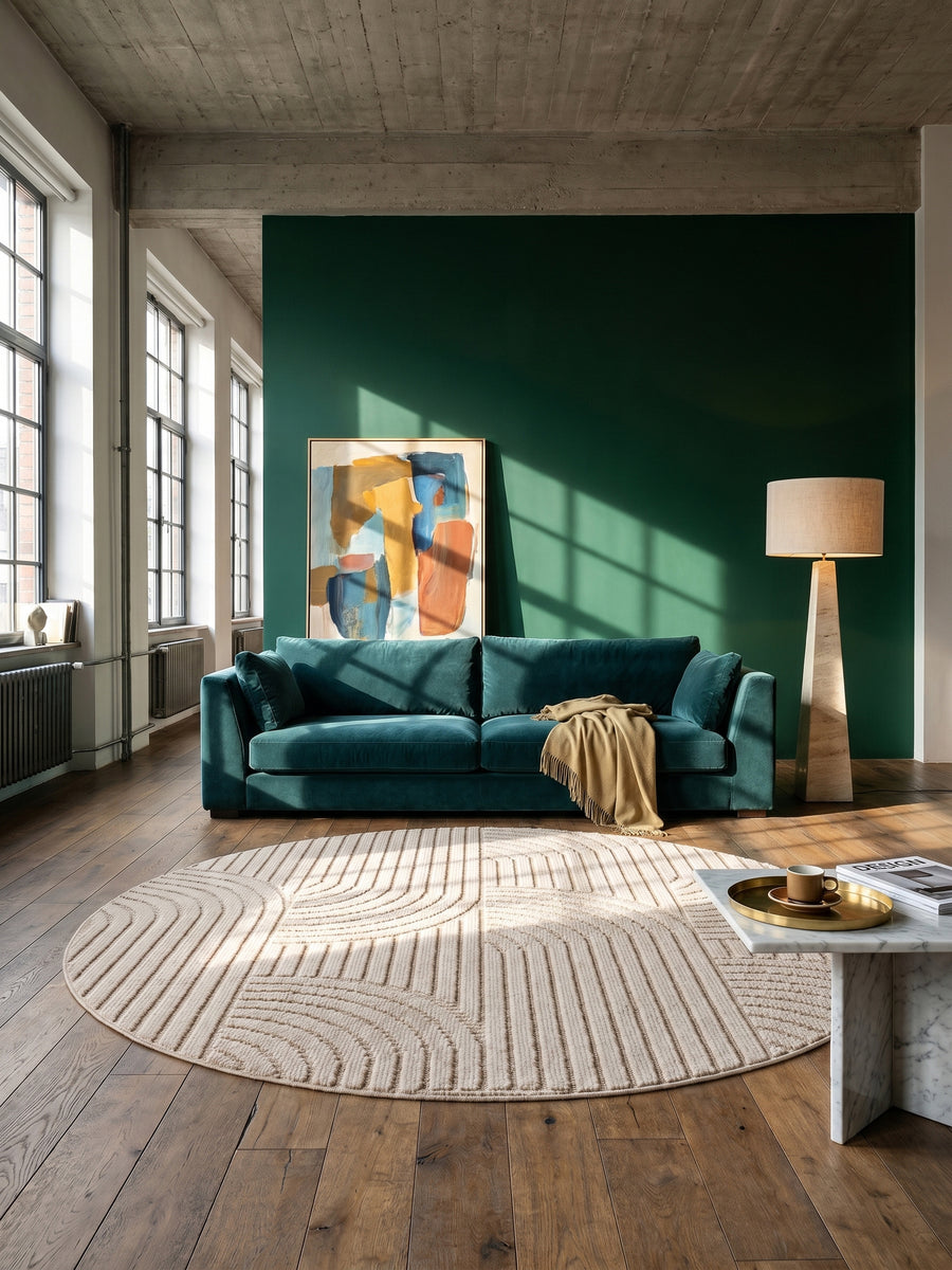 Teppich Beige rund im Wohnzimmer Einrichtungsidee_