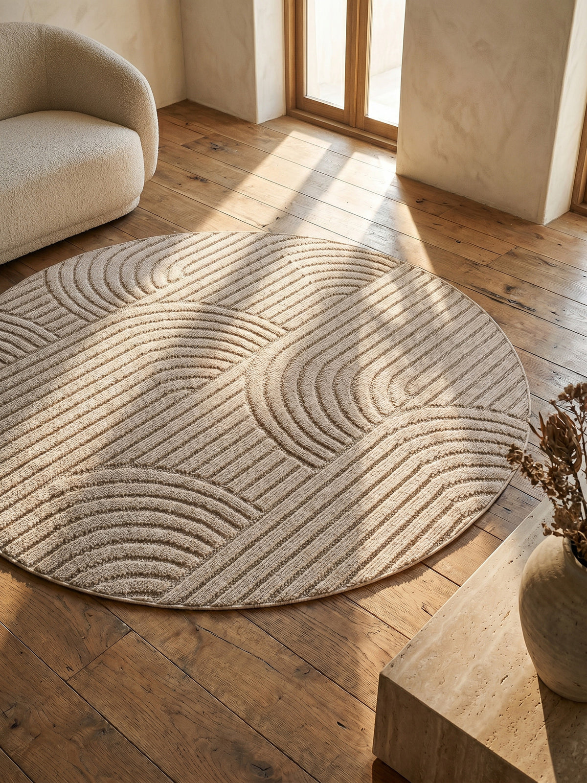 Teppich Beige rund Muster Draufsicht_