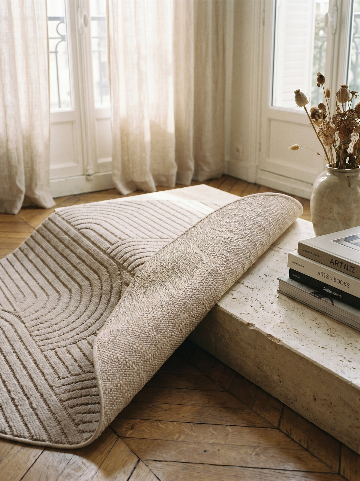 Teppich Beige rund Wohnaccessoire Deko_