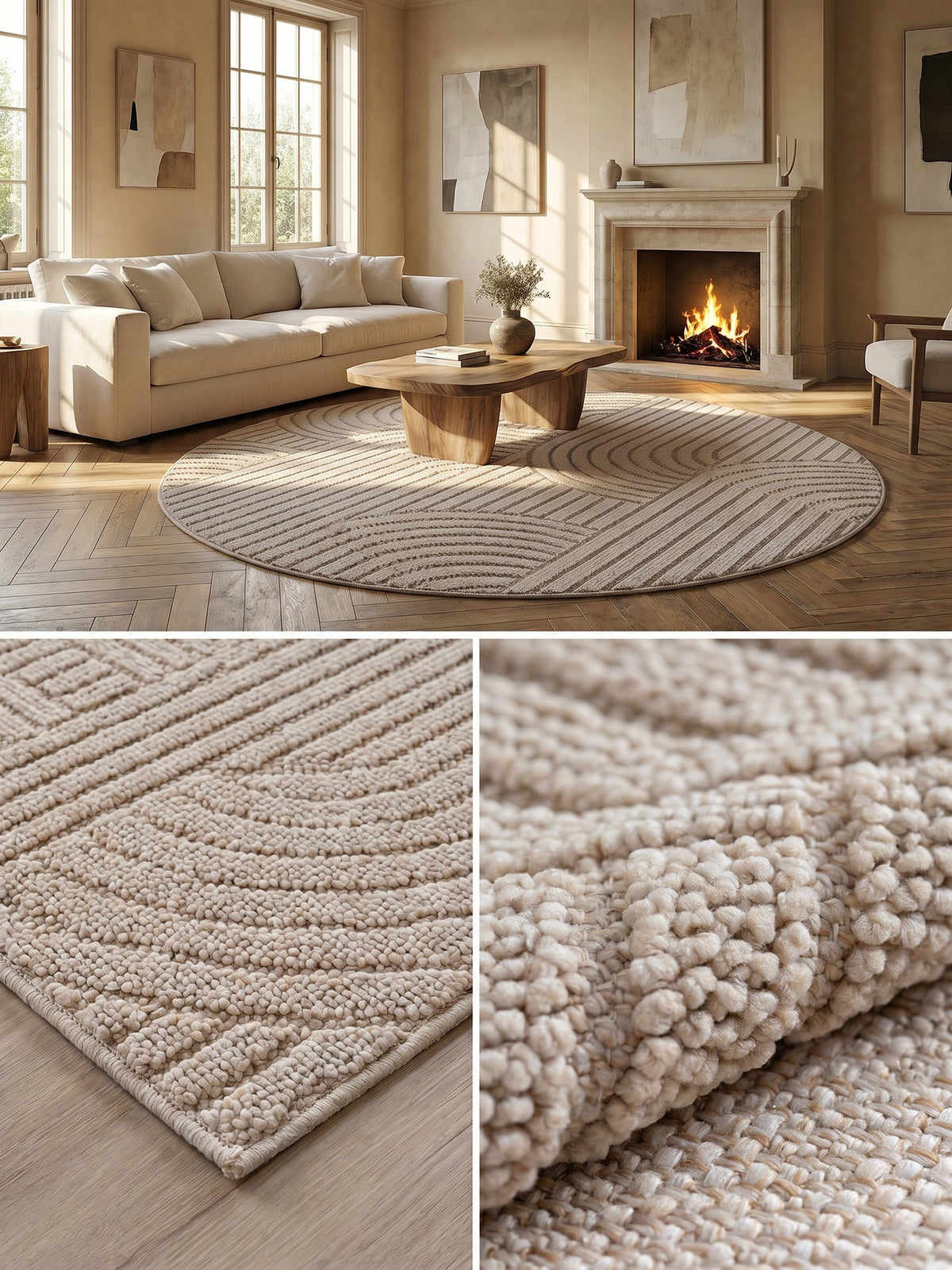 Teppich Beige rund Webstruktur Qualität_