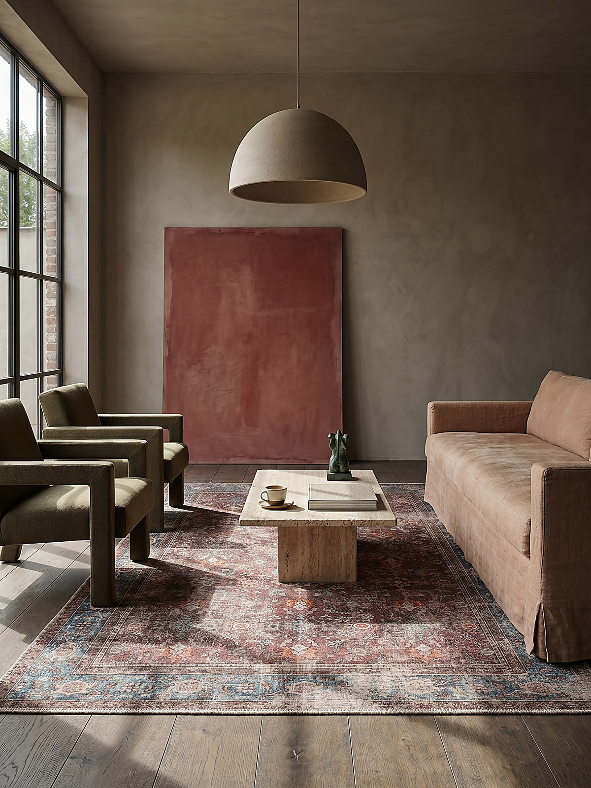 Teppich Rot rechteckig im Wohnzimmer mit Couchtisch und Wohnaccessoires Wohnidee skandinavisch modern_