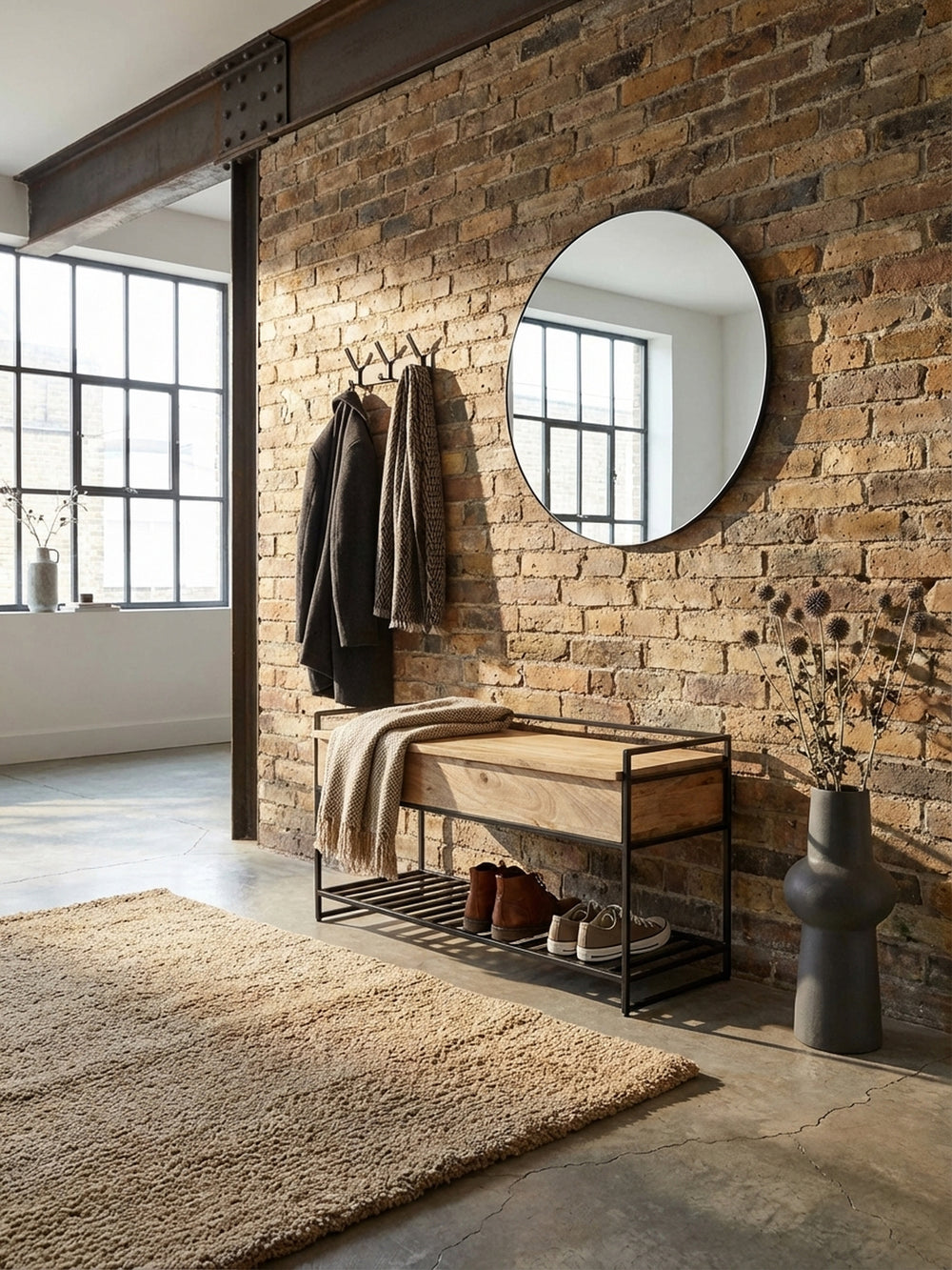Draufsicht einer Garderobenbank mit Schuhregal in einem Flur, zeigt die Proportionen der 90 cm breiten Sitzfläche aus Holz._