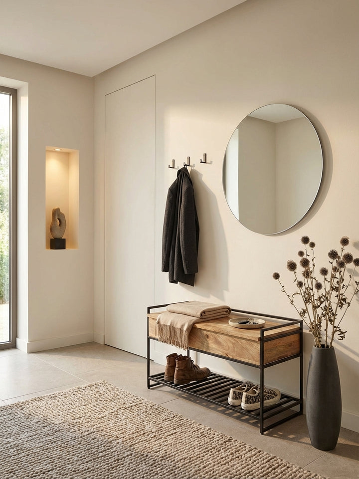 Moderne Sitzbank aus Mango Massivholz und Metall in einem hellen, einladenden Flur, dekoriert mit einem Kissen und Hut._