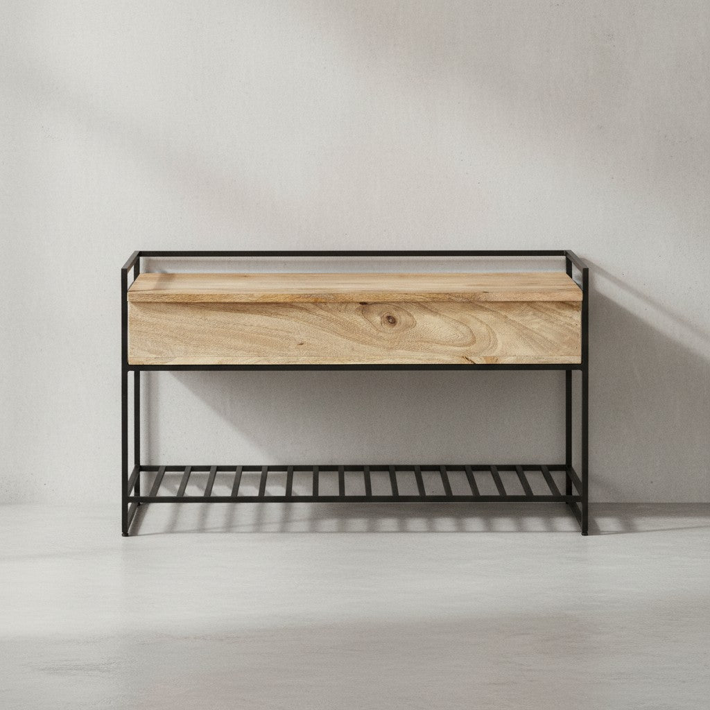 Flurbank SILLARO_ Holz-Metall-Mix_ hochklappbare Sitzfläche_ 90x52x38 cm_ Schuh-Aufbewahrung_ 200 kg Belastung - KADIMA DESIGN_Farbe_ Beige_ Größe_ 90x38x52 cm_