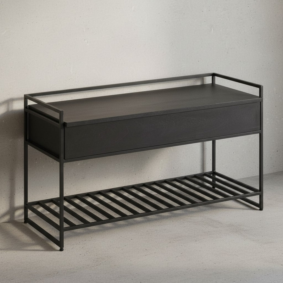 Flurbank SILLARO_ Holz-Metall-Mix_ hochklappbare Sitzfläche_ 90x52x38 cm_ Schuh-Aufbewahrung_ 200 kg Belastung - KADIMA DESIGN_Farbe_ Schwarz_ Größe_ 90x38x52 cm_