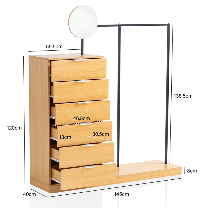 Garderobe Eiche-Dekor 145x165x40cm mit Spiegel und Kommode