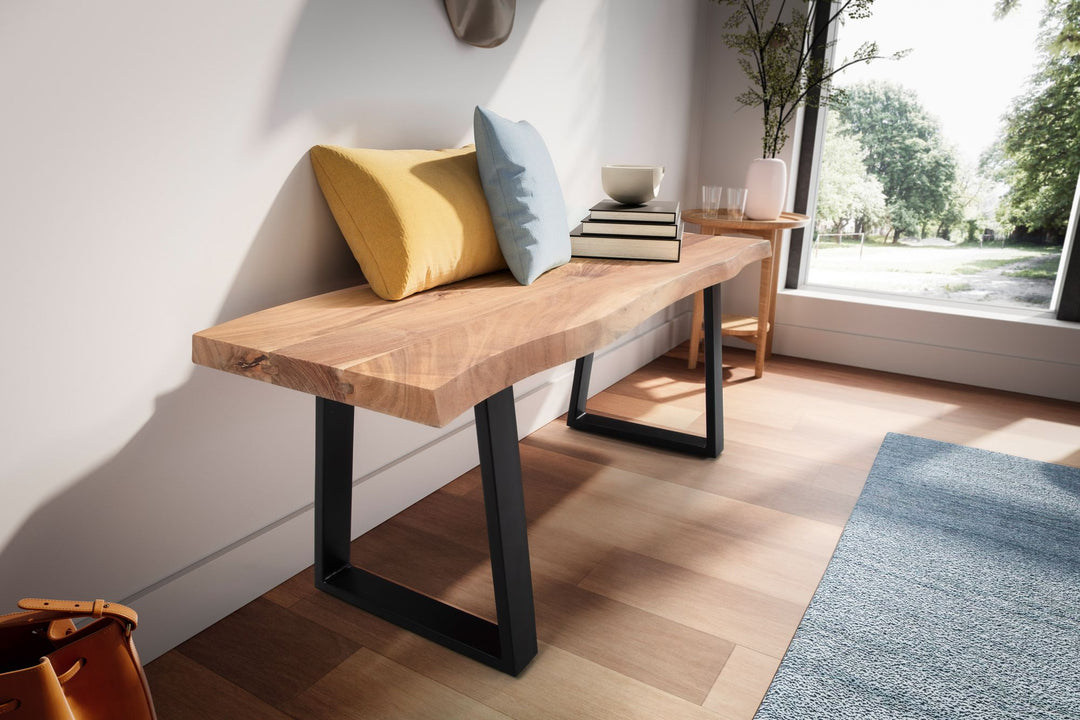 Garderobenbank 120x40x45-5 cm Akazie Massivholz / Metall mit Baumkante - Sitzbank Flur Holzbank Massiv ohne Lehne - Flurbank Modern Eingangsbereich Klein Trapezbeine Schwarz_