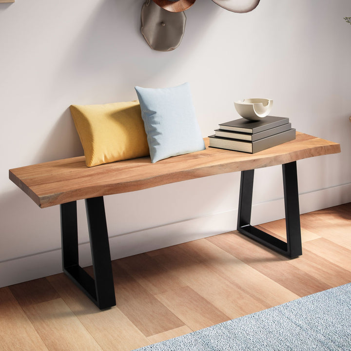 Garderobenbank 120x40x45-5 cm Akazie Massivholz / Metall mit Baumkante - Sitzbank Flur Holzbank Massiv ohne Lehne - Flurbank Modern Eingangsbereich Klein Trapezbeine Schwarz_
